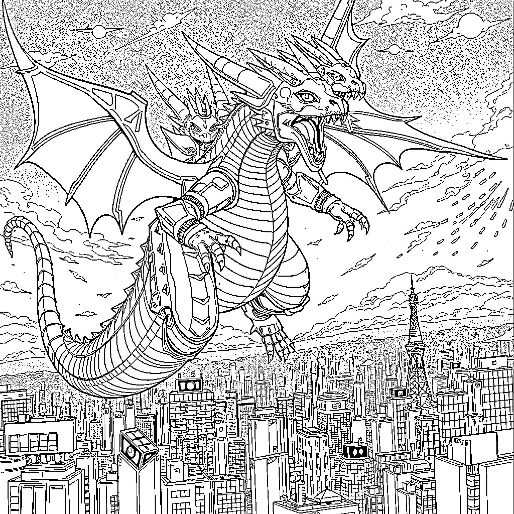 King Ghidorah's Intimidating Presence over the City Coloring Page (free black-and-white line drawing printable PDF for all, from beginners to advanced learners, including children, teens, adults, and seniors)