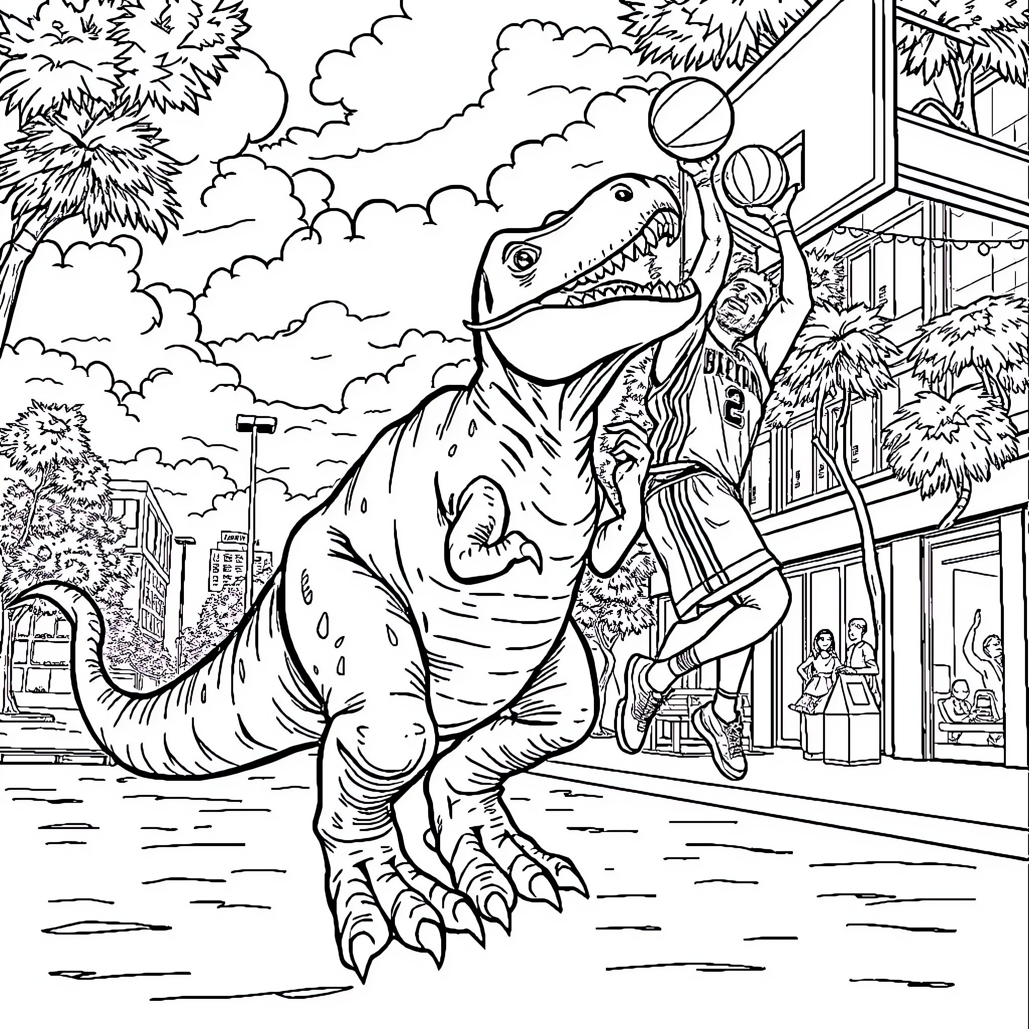 T-Rex enjoying basketball in the city Coloring Page (free black-and-white line drawing printable PDF for all, from beginners to advanced learners, including children, teens, adults, and seniors)