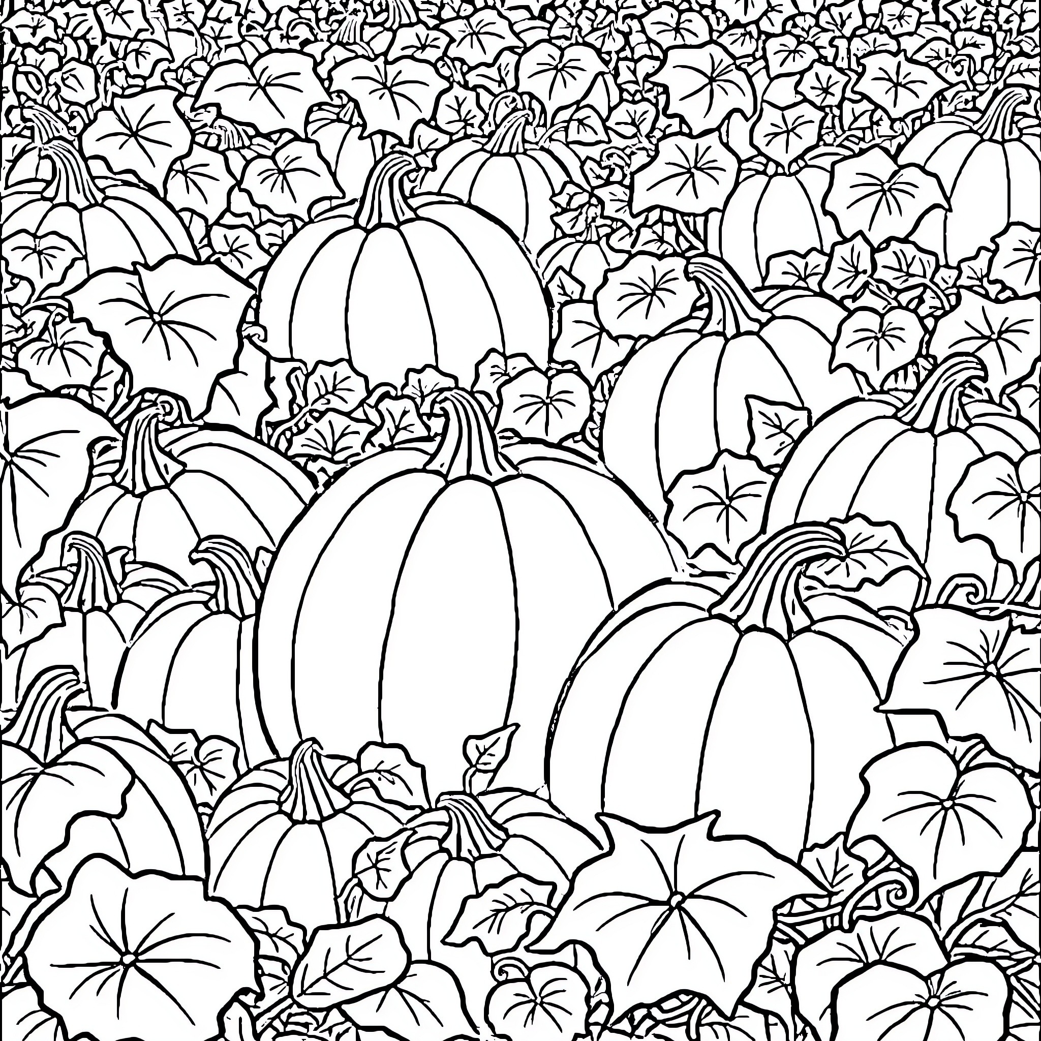 Pumpkin patch filled with pumpkins and leaves Coloring Page (free black-and-white line drawing printable PDF for all, from beginners to advanced learners, including children, teens, adults, and seniors)