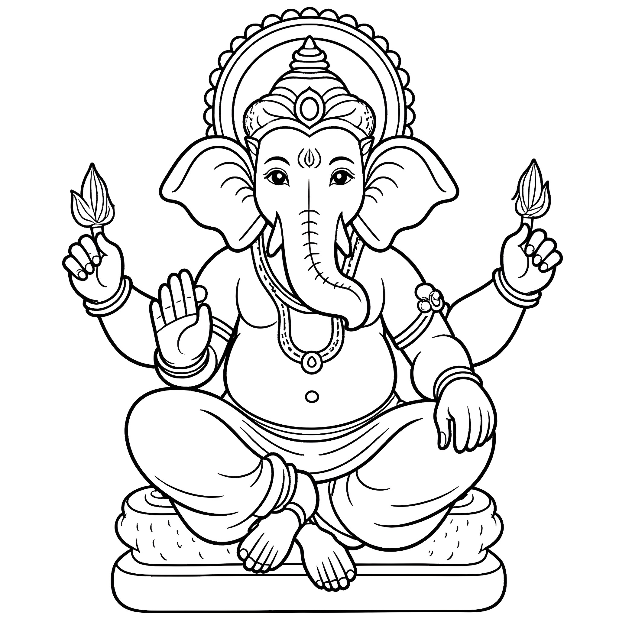 Ganesh, the Elephant-Headed Hindu Deity in Meditation Pose Coloring Page (free black-and-white line drawing printable PDF for all, from beginners to advanced learners, including children, teens, adults, and seniors)