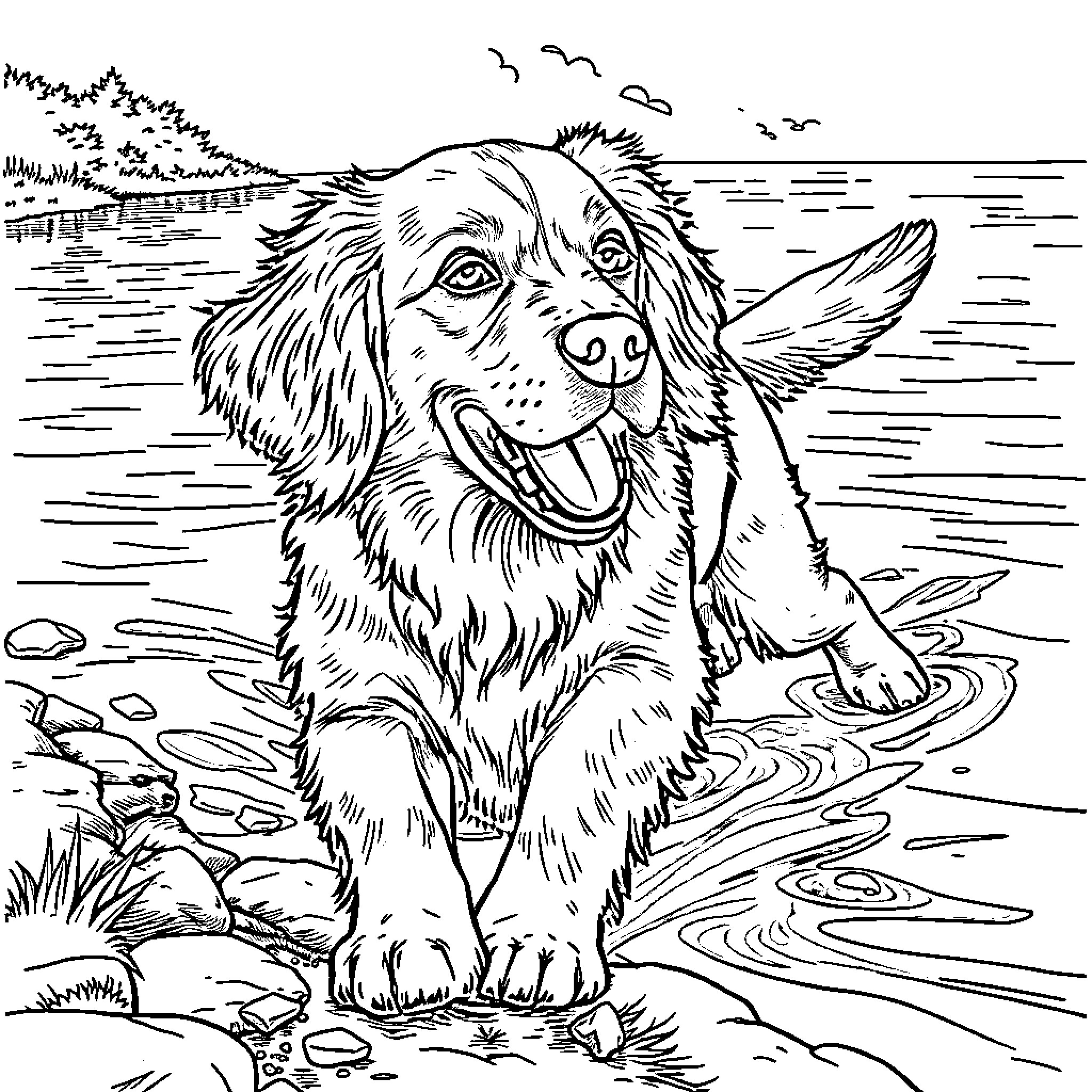 Retriever playing joyfully by the lake Coloring Page (free black-and-white line drawing printable PDF for all, from beginners to advanced learners, including children, teens, adults, and seniors)