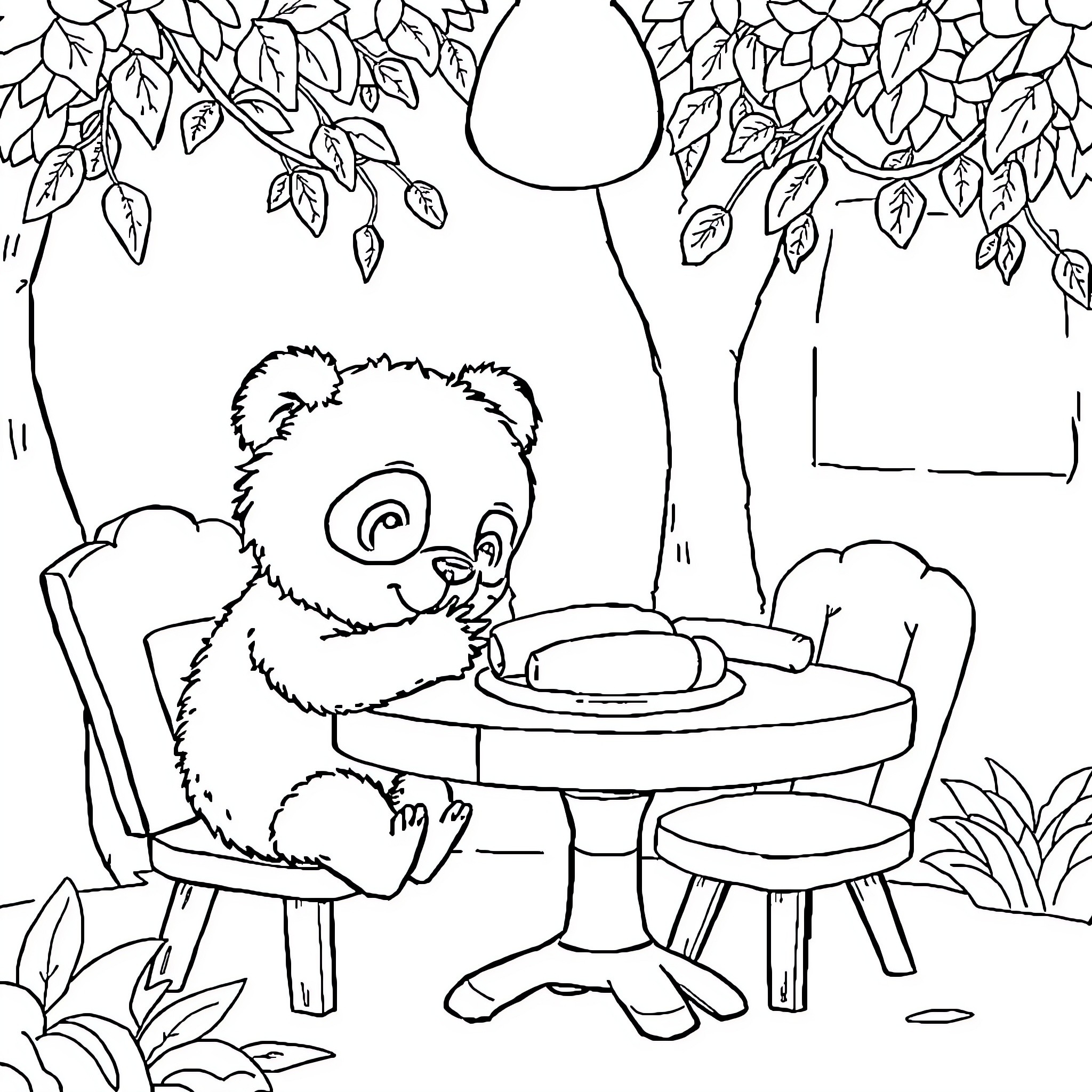 Grogu enjoying a snack in the forest Coloring Page (free black-and-white line drawing printable PDF for all, from beginners to advanced learners, including children, teens, adults, and seniors)