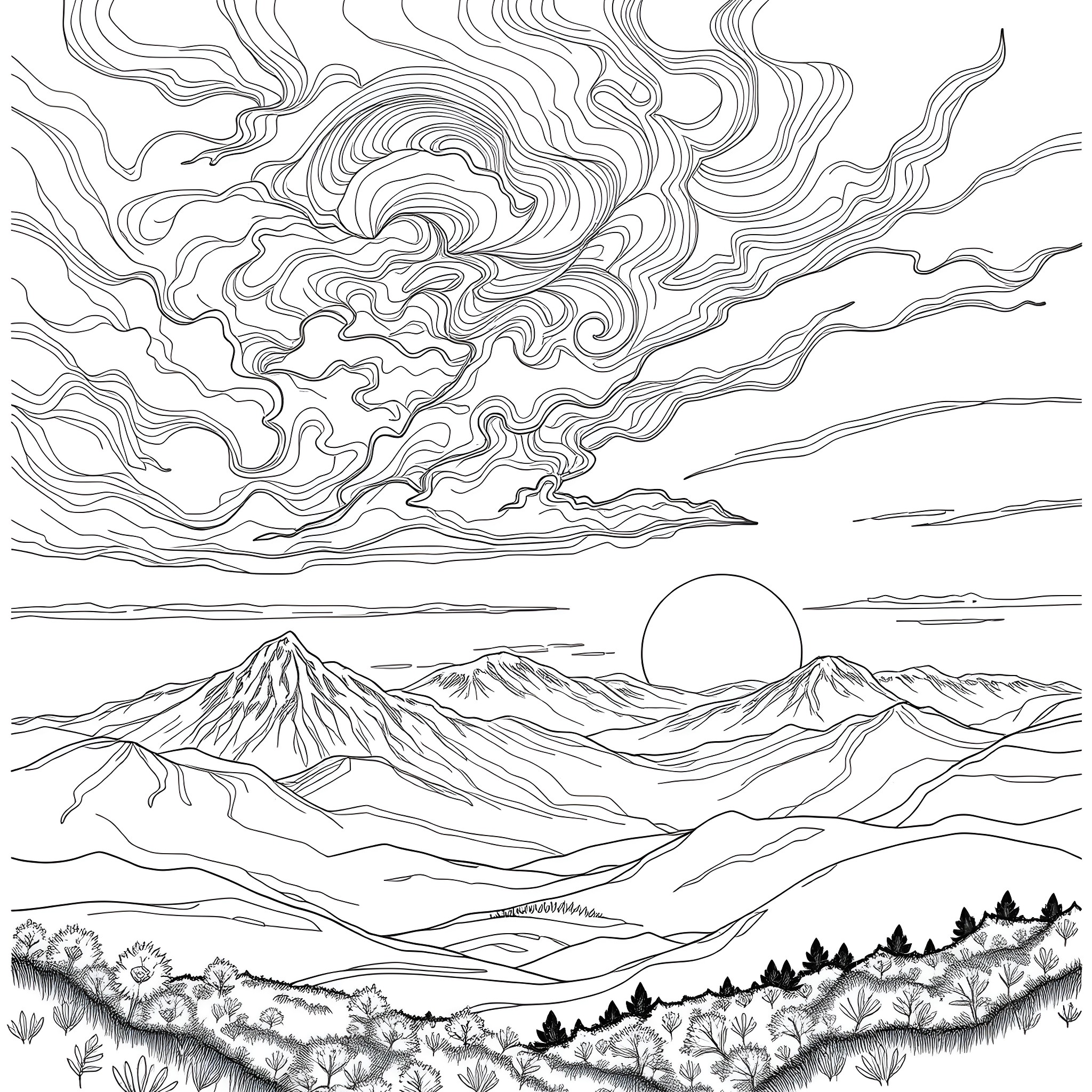 Spirit of the Swirling Sky and Serene Landscape Coloring Page (free black-and-white line drawing printable PDF for all, from beginners to advanced learners, including children, teens, adults, and seniors)