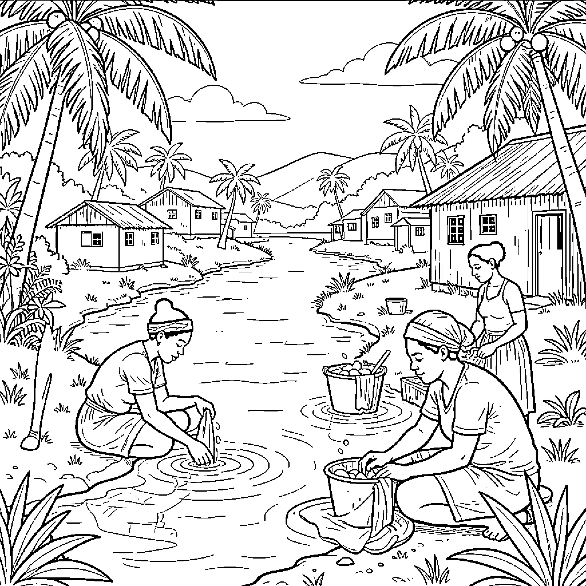 Haitian People washing clothes by a river in village Coloring Page (free black-and-white line drawing printable PDF for all, from beginners to advanced learners, including children, teens, adults, and seniors)