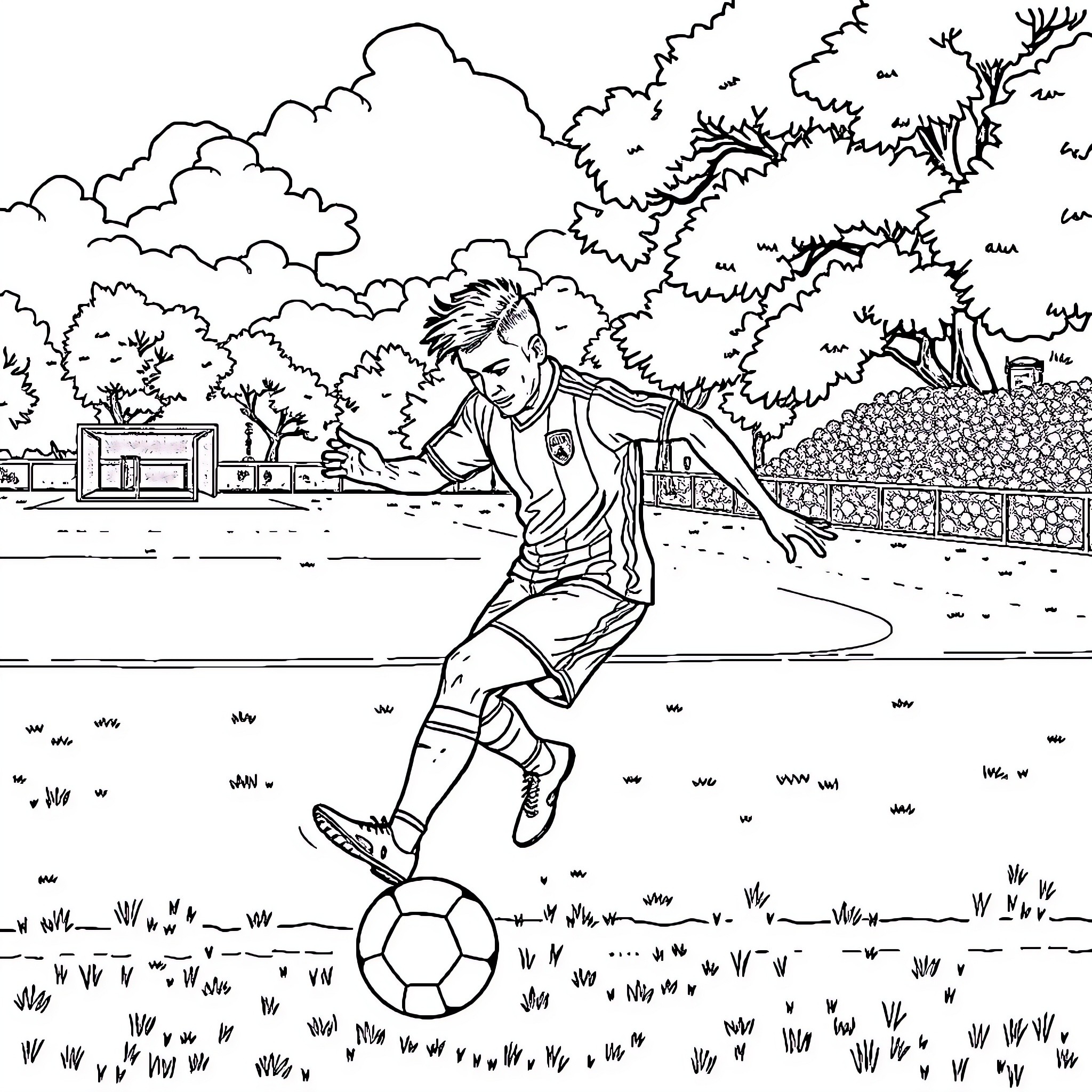 Paw Patrol character playing soccer in the park Coloring Page (free black-and-white line drawing printable PDF for all, from beginners to advanced learners, including children, teens, adults, and seniors)