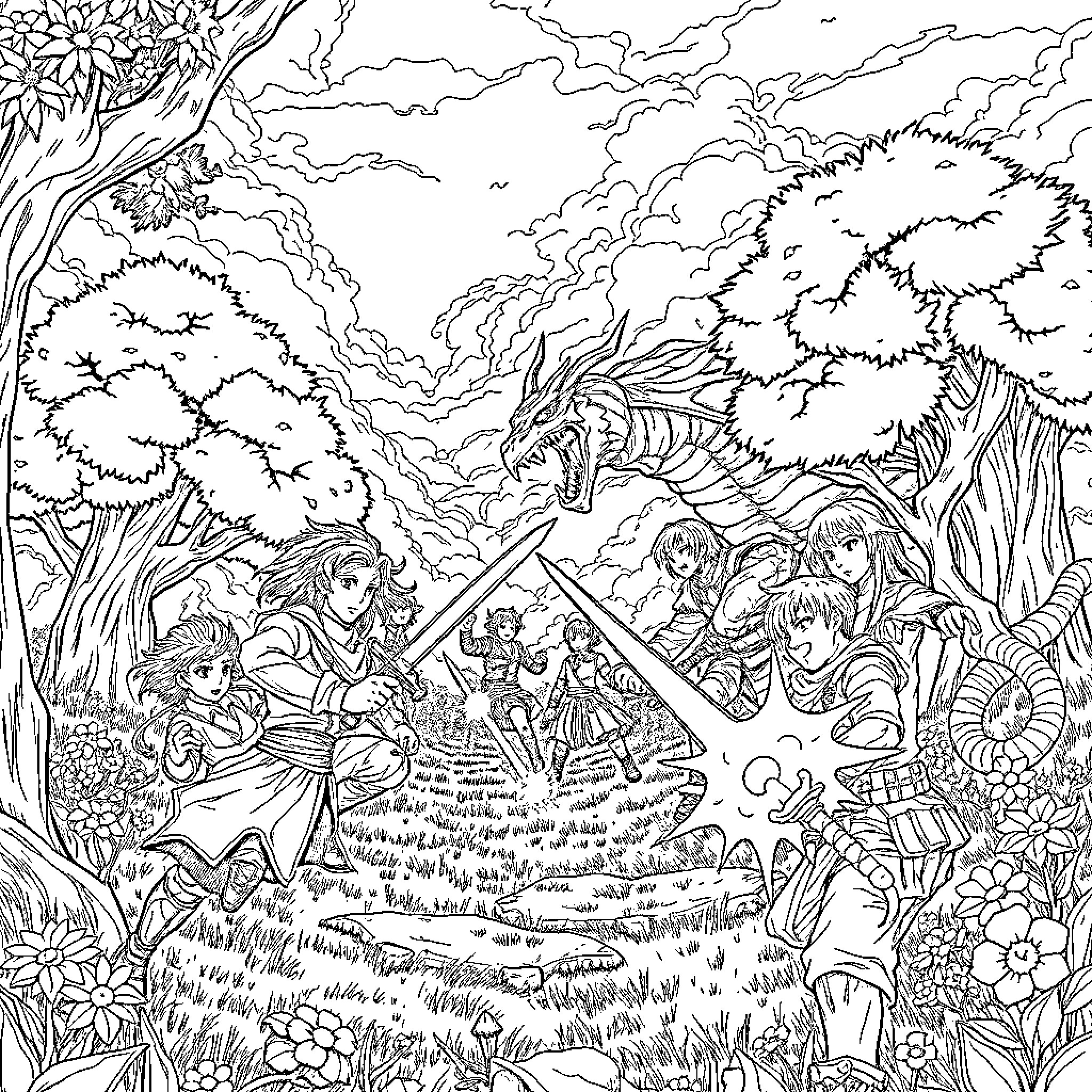 Chrono Trigger: Characters Exploring Fantastical Landscapes Coloring Page (free black-and-white line drawing printable PDF for all, from beginners to advanced learners, including children, teens, adults, and seniors)