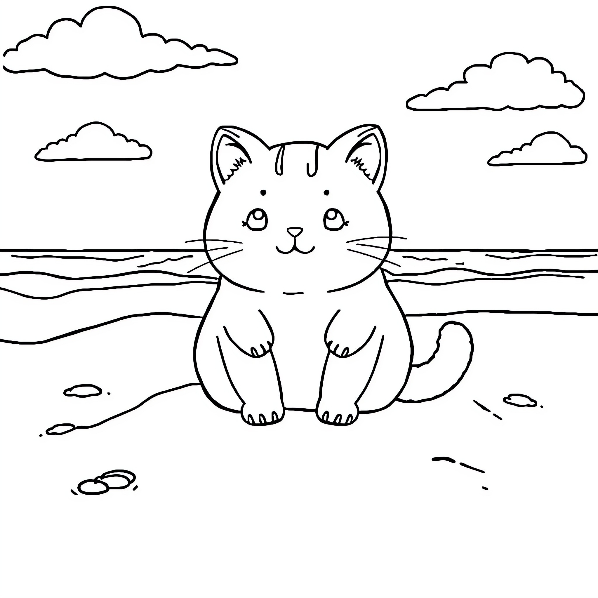 Cat relaxing on the beach Coloring Page (free black-and-white line drawing printable PDF for all, from beginners to advanced learners, including children, teens, adults, and seniors)