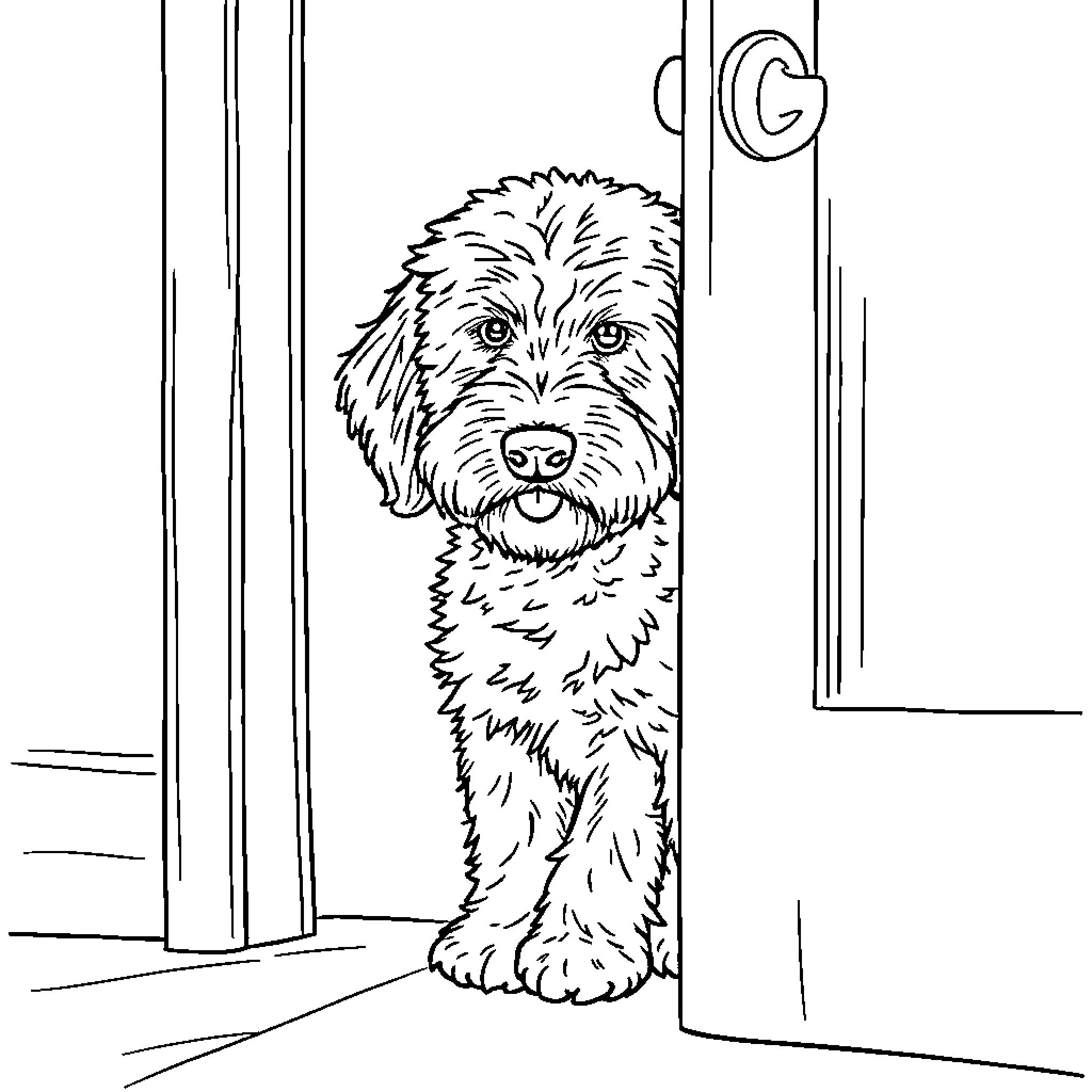 Labradoodle peeking curiously through the doorway Coloring Page (free black-and-white line drawing printable PDF for all, from beginners to advanced learners, including children, teens, adults, and seniors)