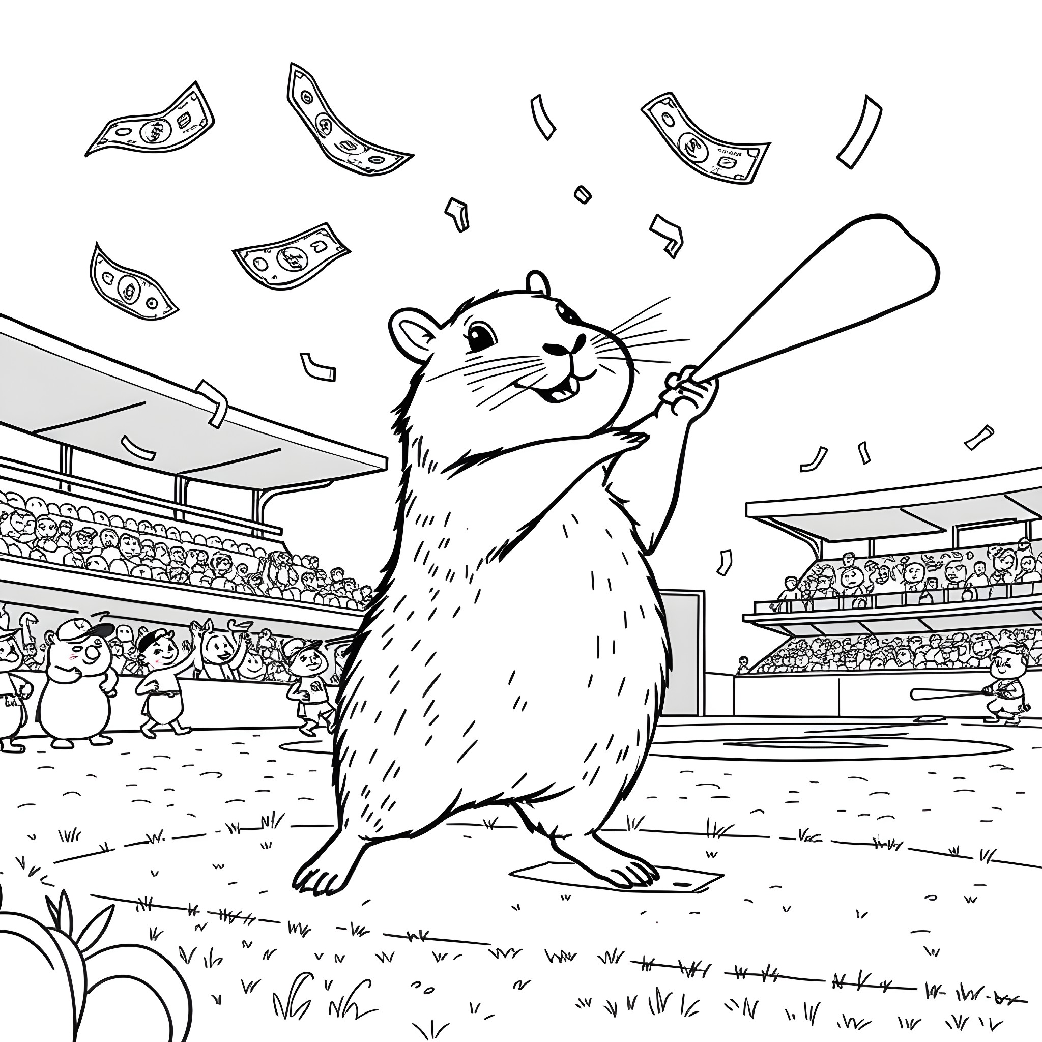 Capybara hitting a home run while money rains down Coloring Page (free black-and-white line drawing printable PDF for all, from beginners to advanced learners, including children, teens, adults, and seniors)