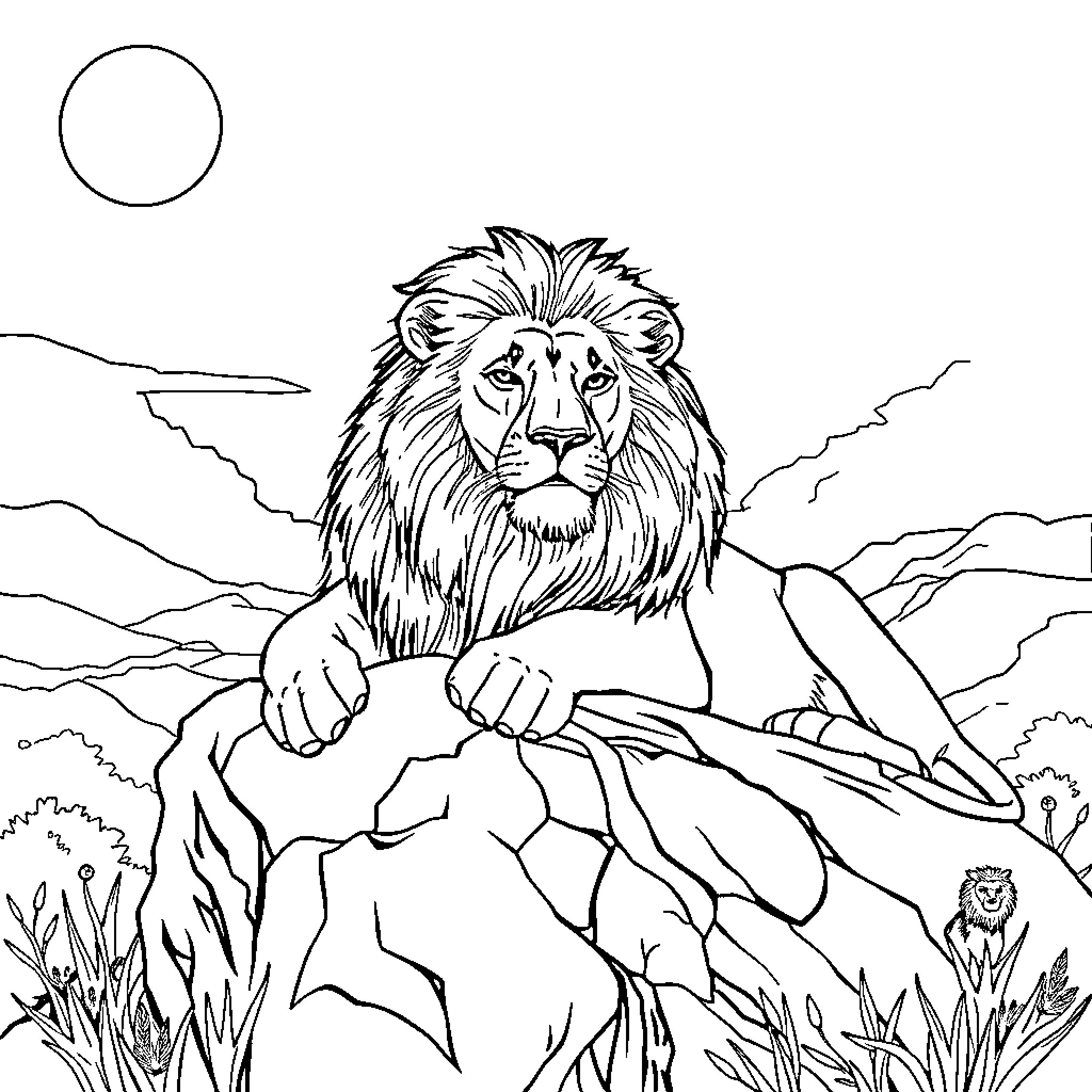 Lion surveying its domain in the wilderness Coloring Page (free black-and-white line drawing printable PDF for all, from beginners to advanced learners, including children, teens, adults, and seniors)