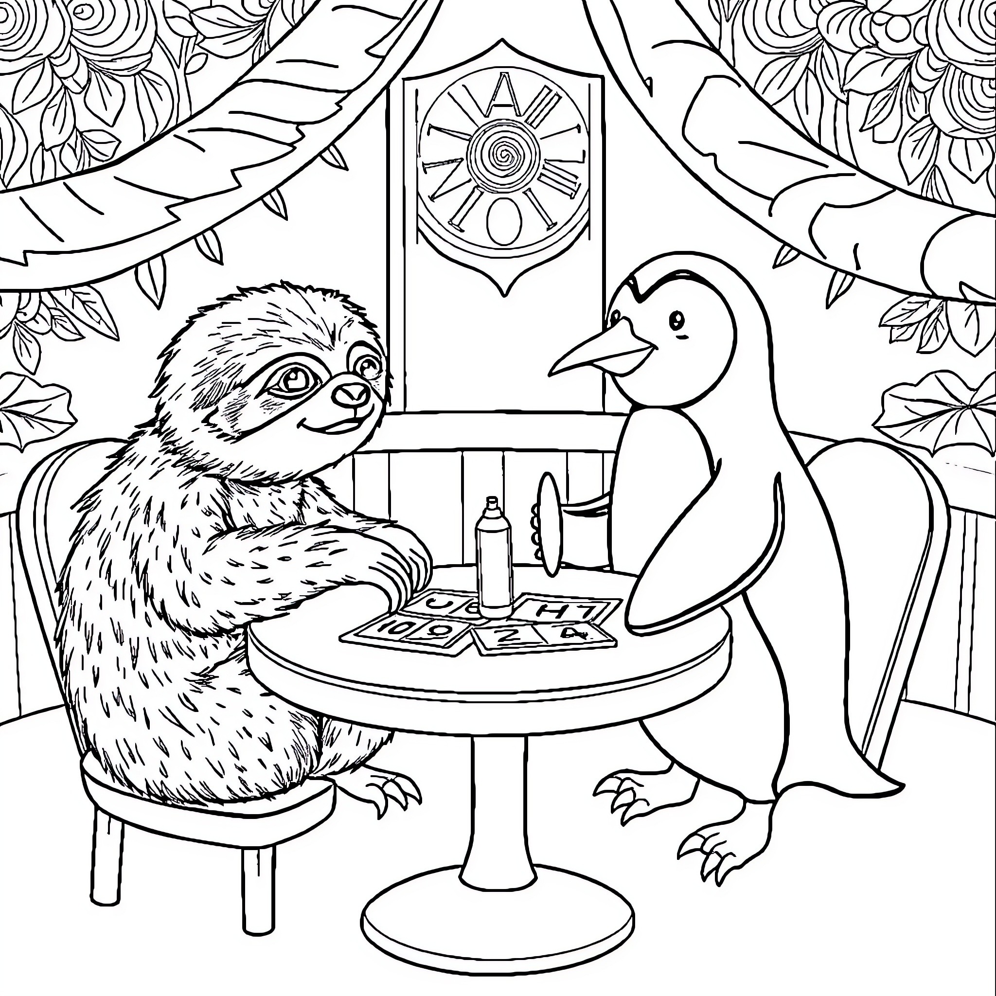 Sloth enjoying tea time with penguin friend Coloring Page (free black-and-white line drawing printable PDF for all, from beginners to advanced learners, including children, teens, adults, and seniors)
