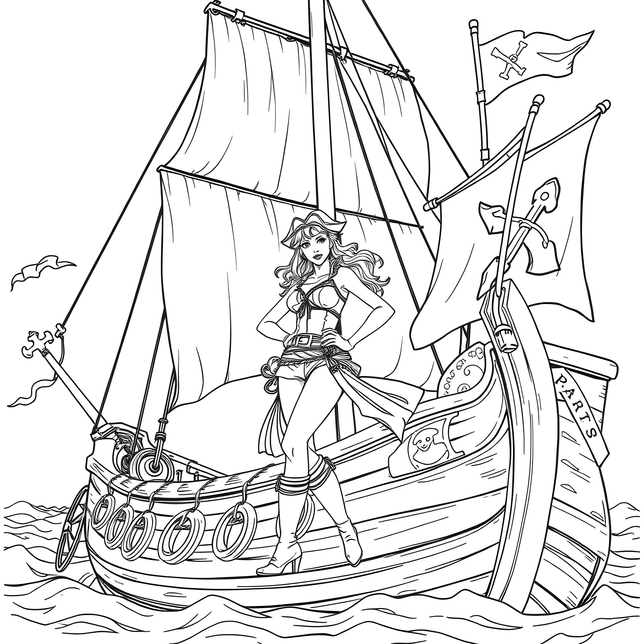Woman Sailing on a Pirate Ship Coloring Page (free black-and-white line drawing printable PDF for all, from beginners to advanced learners, including children, teens, adults, and seniors)