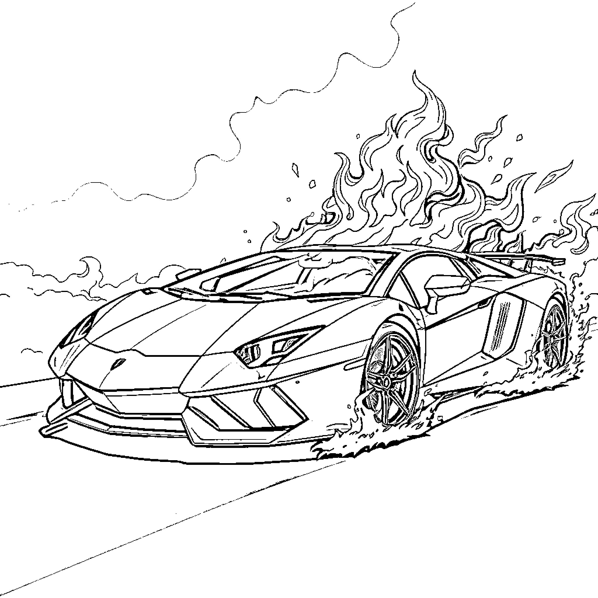 Aventador racing through flames on the road Coloring Page (free black-and-white line drawing printable PDF for all, from beginners to advanced learners, including children, teens, adults, and seniors)