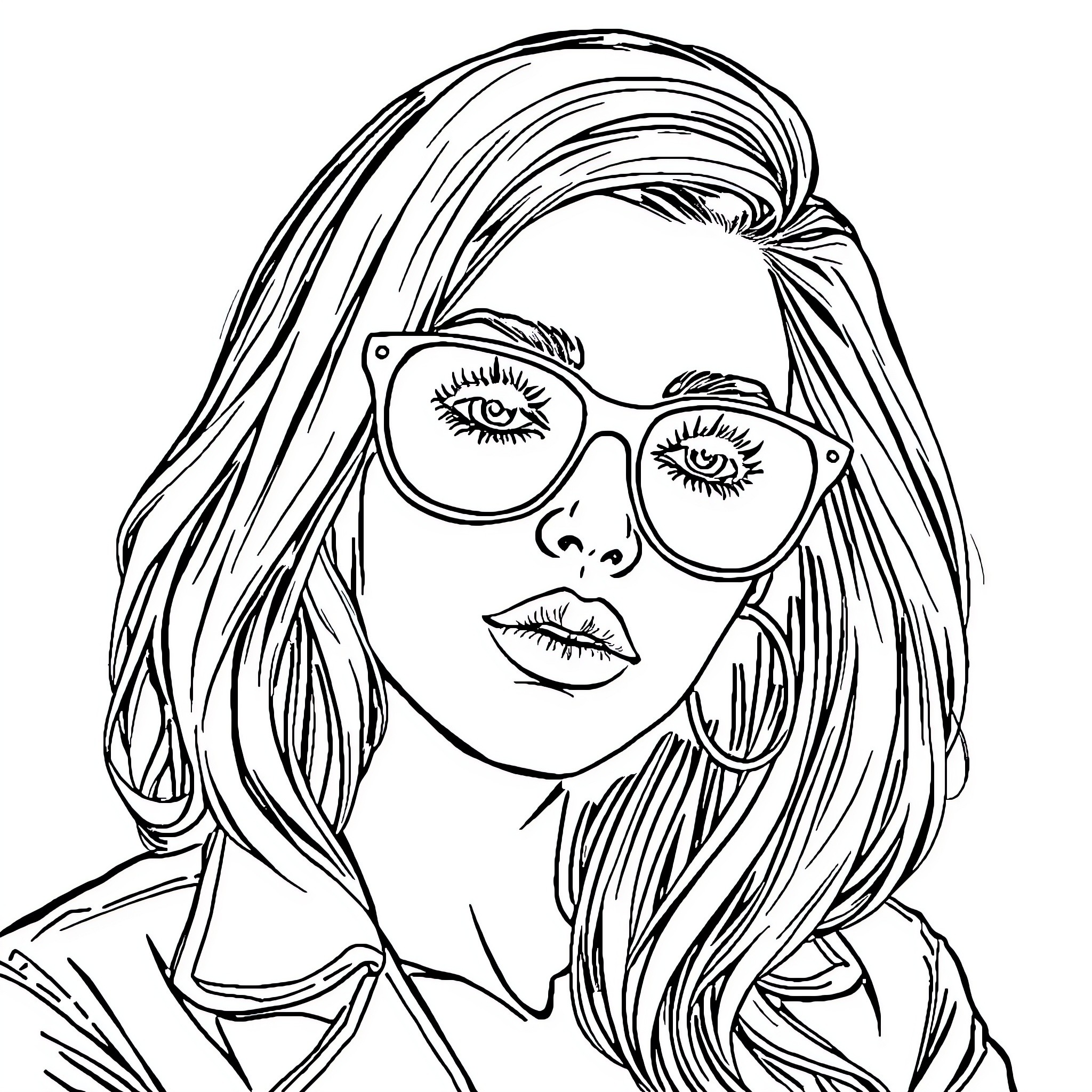 Cool Woman with Fashionable Eyewear Coloring Page (free black-and-white line drawing printable PDF for all, from beginners to advanced learners, including children, teens, adults, and seniors)