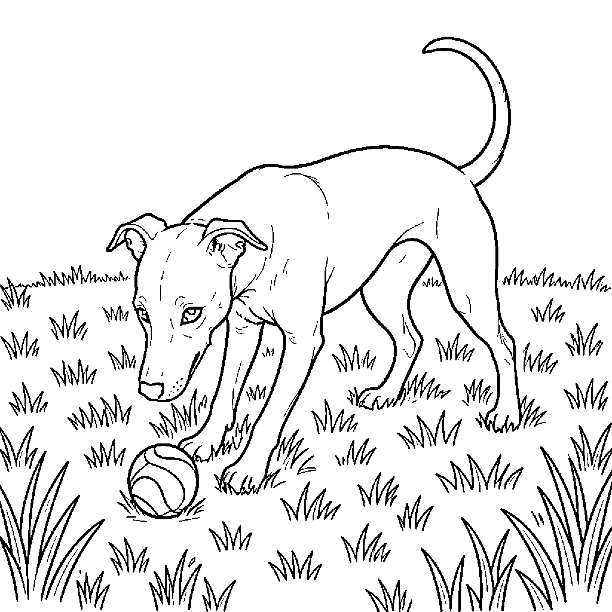 Italian Greyhound playing in the grass Coloring Page (free black-and-white line drawing printable PDF for all, from beginners to advanced learners, including children, teens, adults, and seniors)