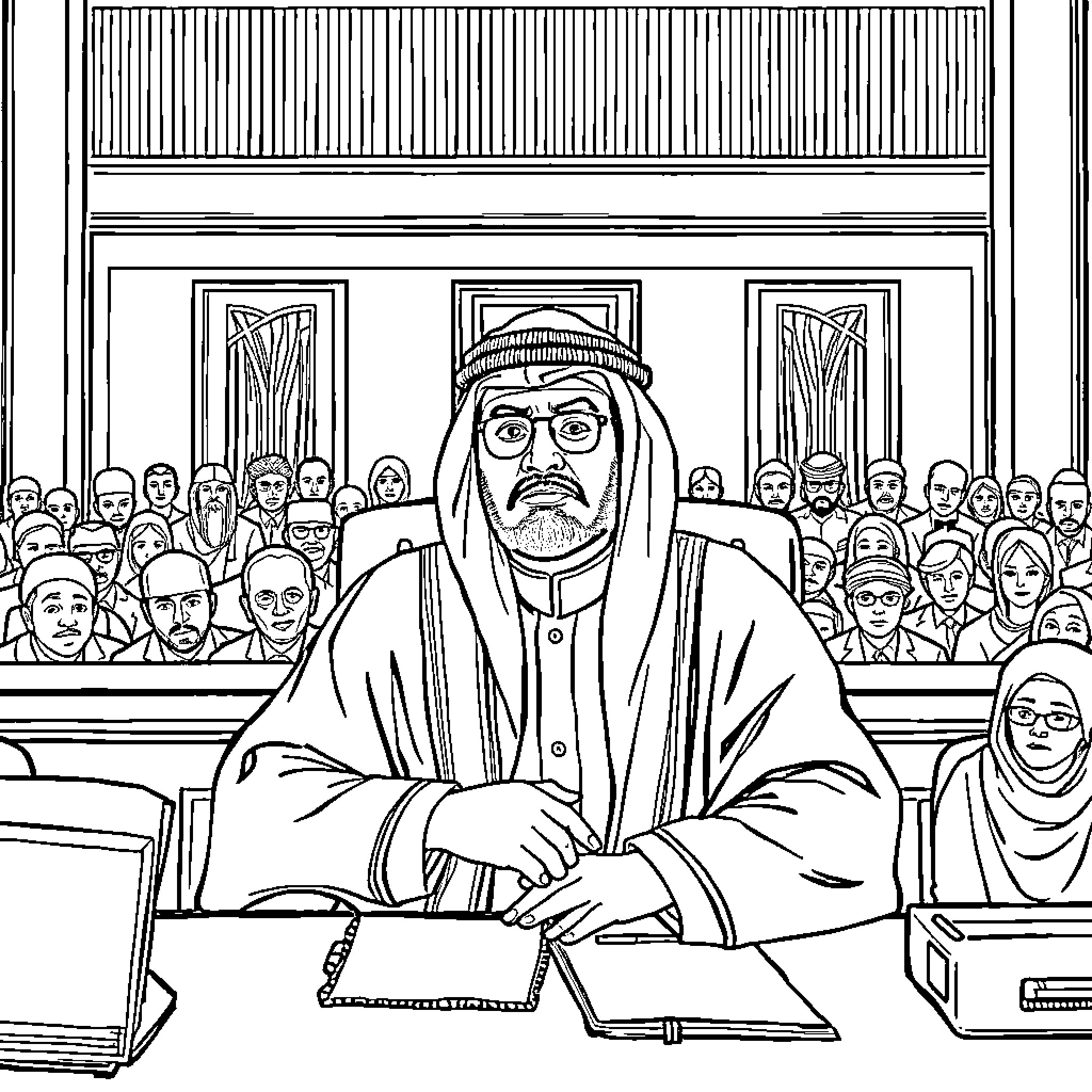 Judge presiding over formal legal proceeding in courtroom Coloring Page (free black-and-white line drawing printable PDF for all, from beginners to advanced learners, including children, teens, adults, and seniors)