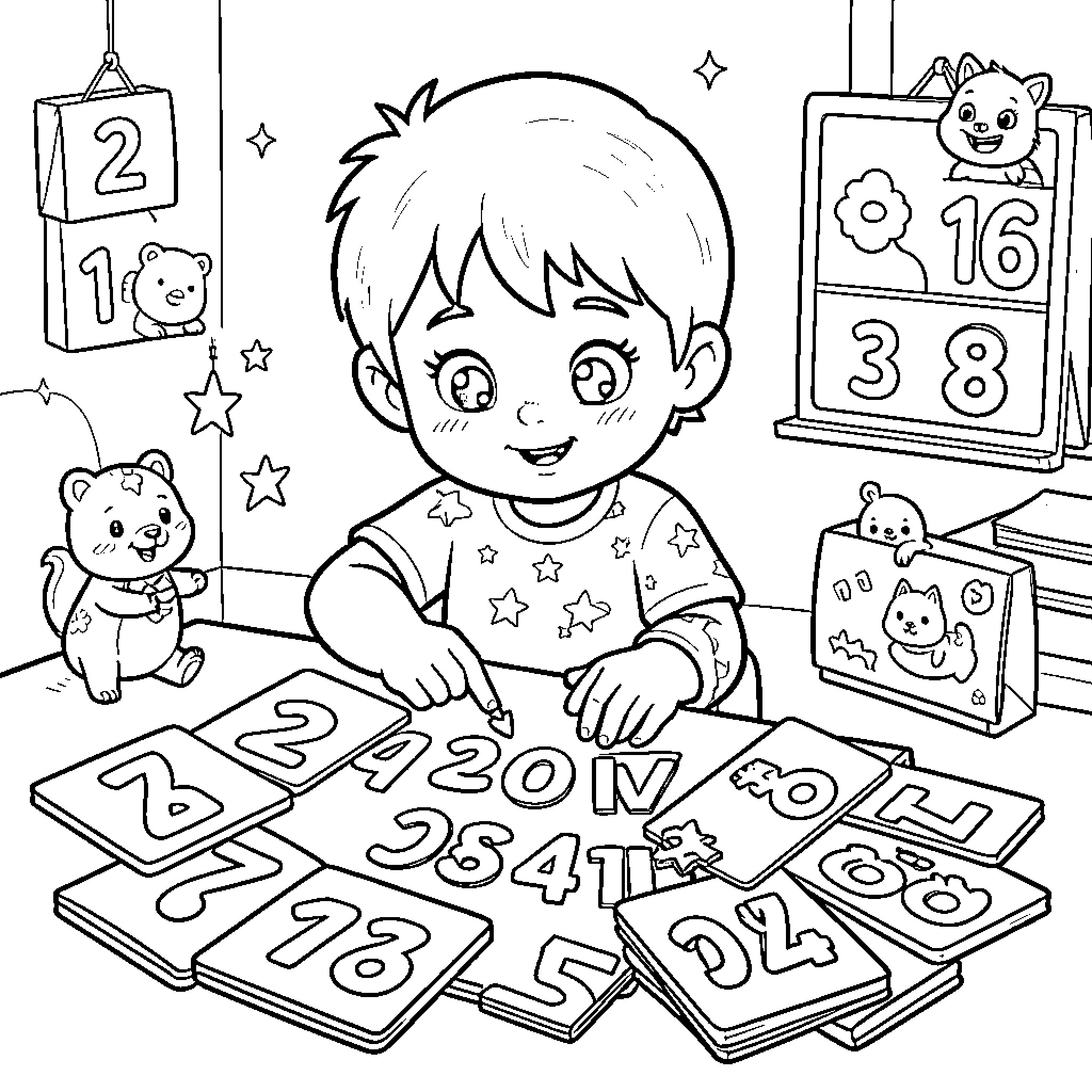 Numbers and Cute Characters Playtime Coloring Page (free black-and-white line drawing printable PDF for all, from beginners to advanced learners, including children, teens, adults, and seniors)