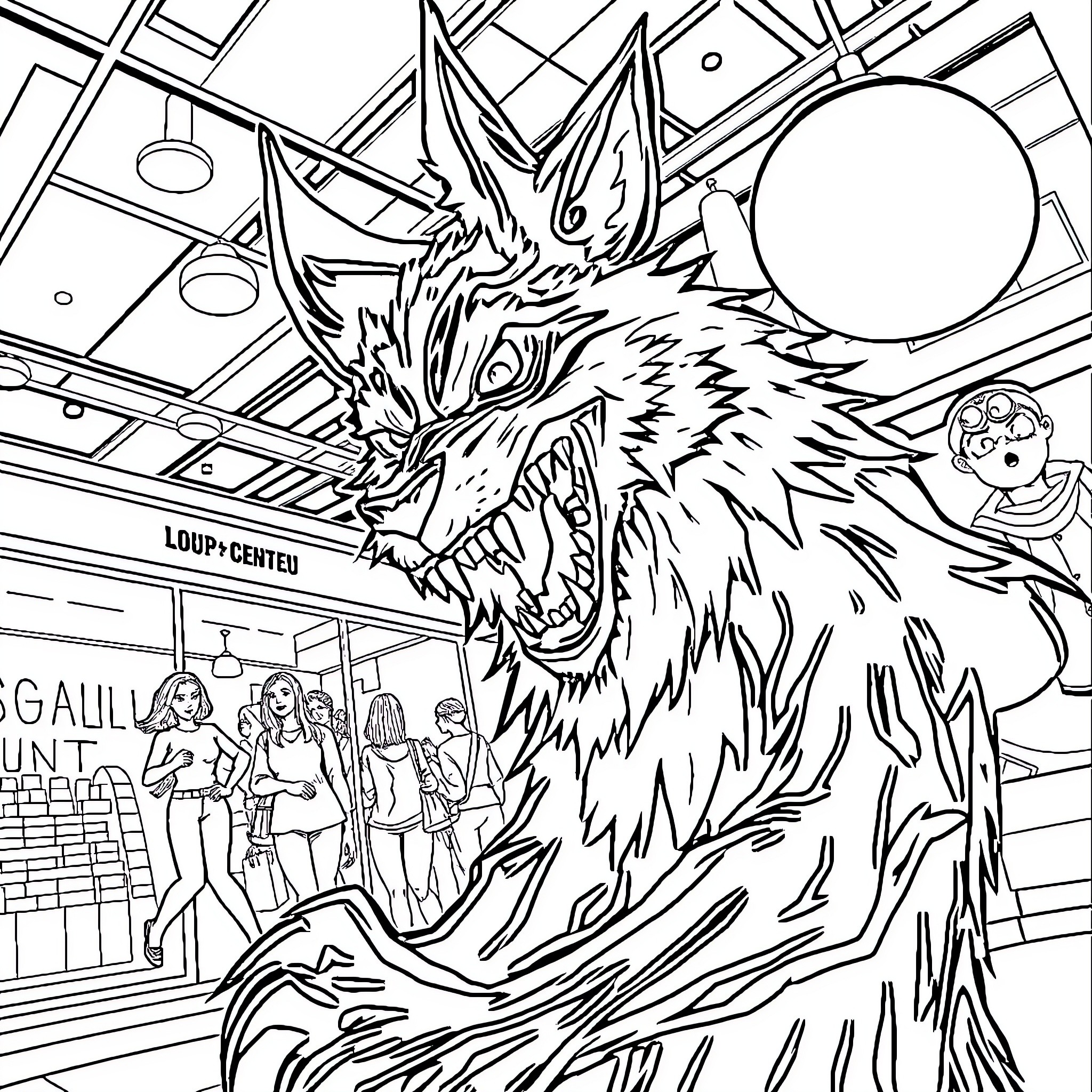 Loup Garou's Fierce Transformation in Crowded Venue Coloring Page (free black-and-white line drawing printable PDF for all, from beginners to advanced learners, including children, teens, adults, and seniors)