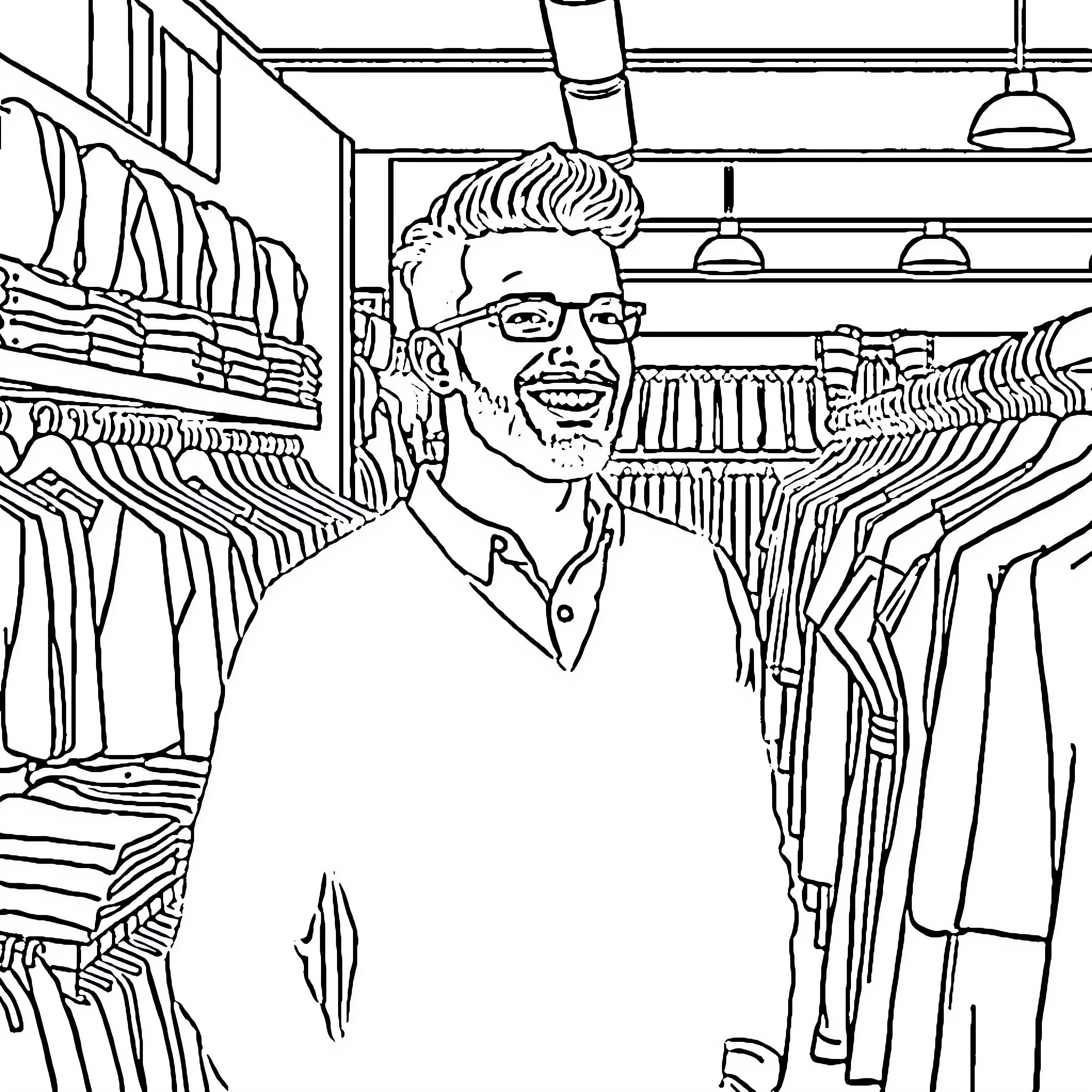 Guy working in a clothing store Coloring Page (free black-and-white line drawing printable PDF for all, from beginners to advanced learners, including children, teens, adults, and seniors)