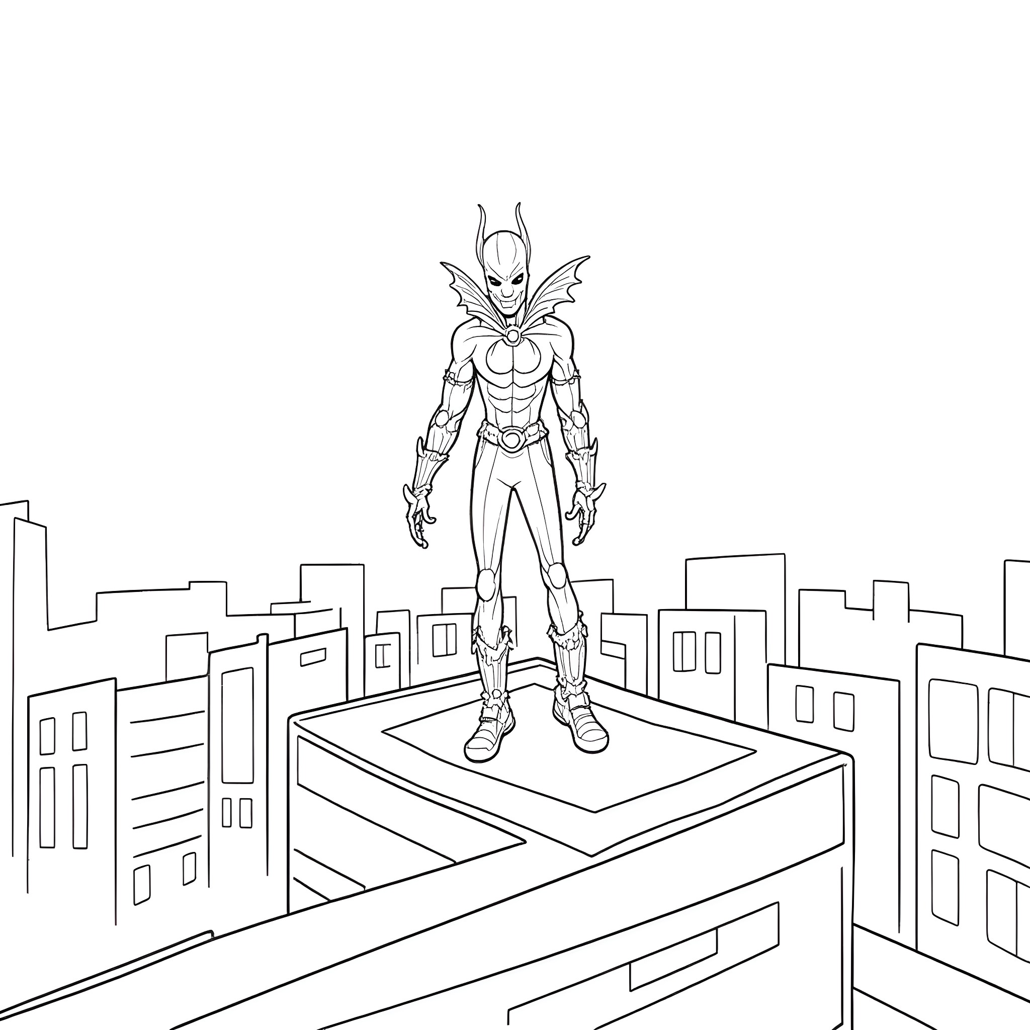 Spawn heroically standing atop a city skyline Coloring Page (free black-and-white line drawing printable PDF for all, from beginners to advanced learners, including children, teens, adults, and seniors)