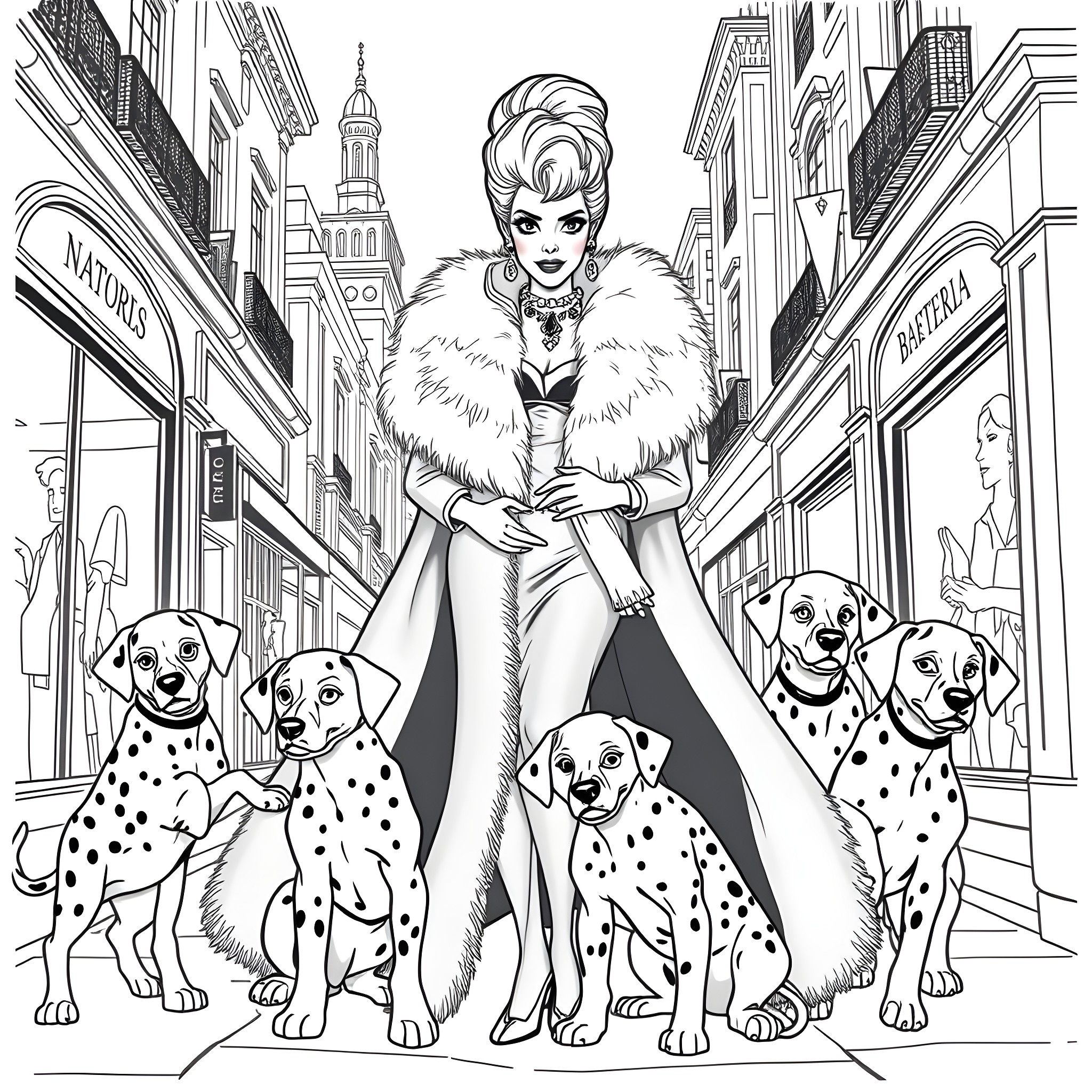 Cruella's Dalmatian Delight: A Fashionable Encounter Coloring Page (free black-and-white line drawing printable PDF for all, from beginners to advanced learners, including children, teens, adults, and seniors)