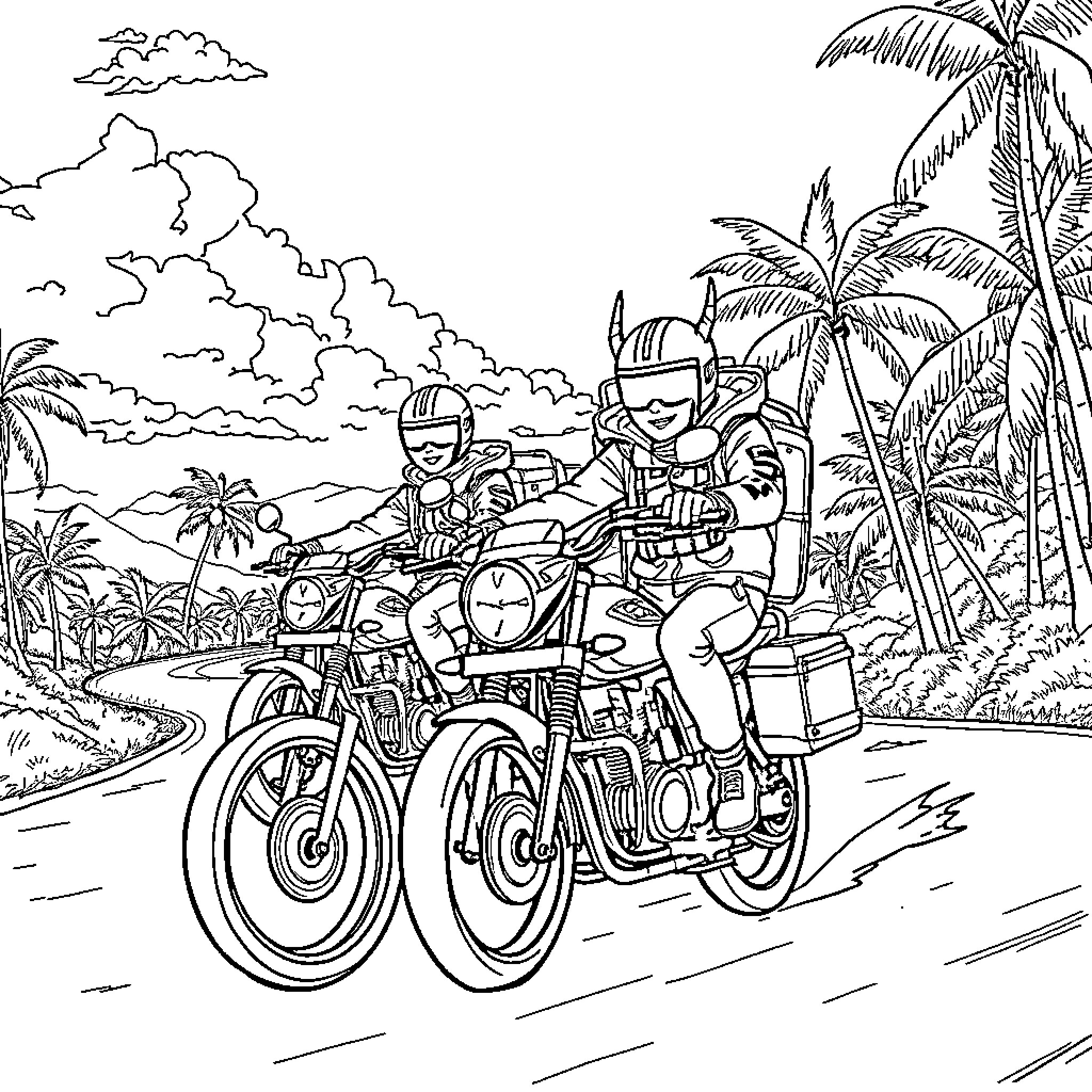 K-POP Demon Hunters on Motorcycles in the Tropics Coloring Page (free black-and-white line drawing printable PDF for all, from beginners to advanced learners, including children, teens, adults, and seniors)