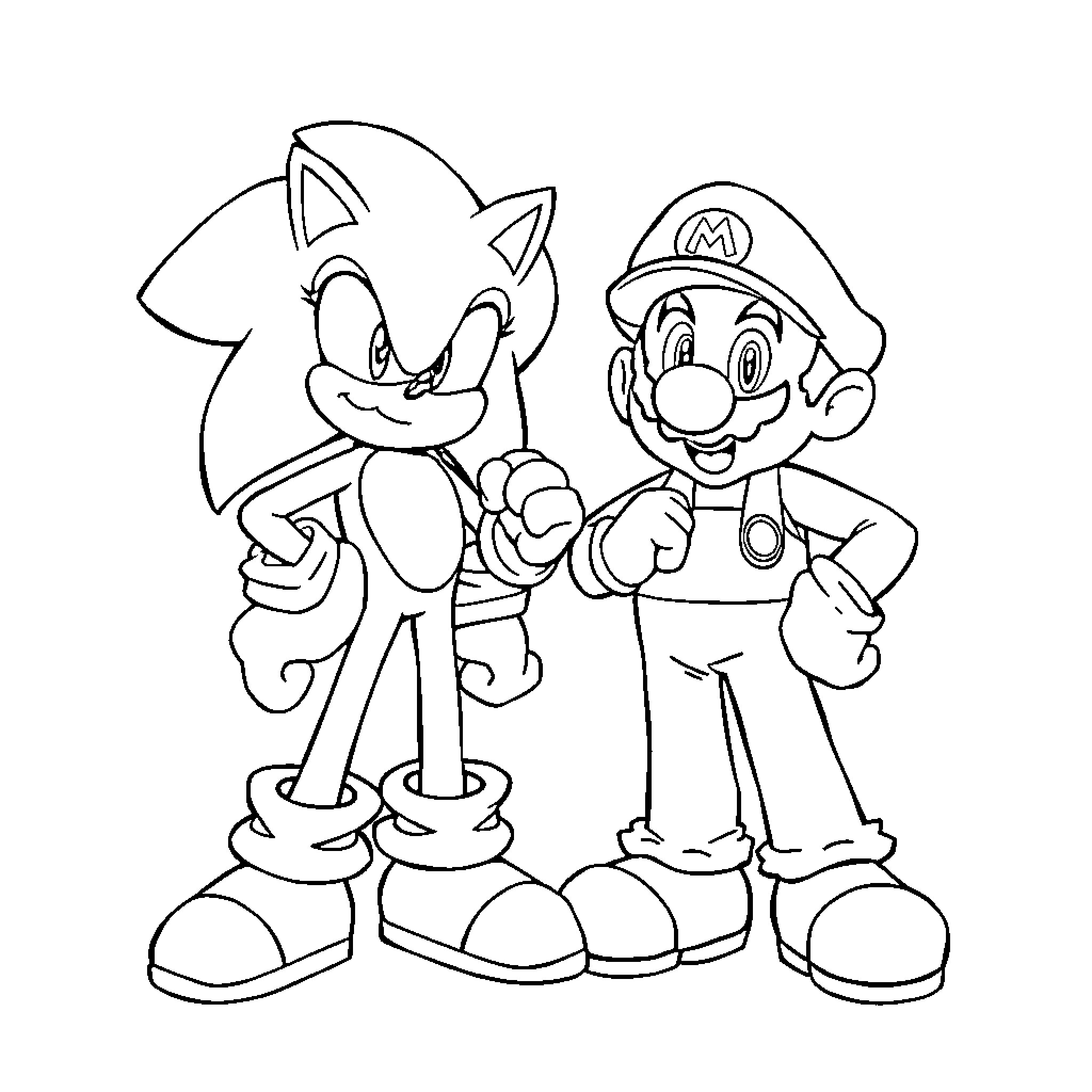 Sonic and Mario in Playful Poses Coloring Page (free black-and-white line drawing printable PDF for all, from beginners to advanced learners, including children, teens, adults, and seniors)