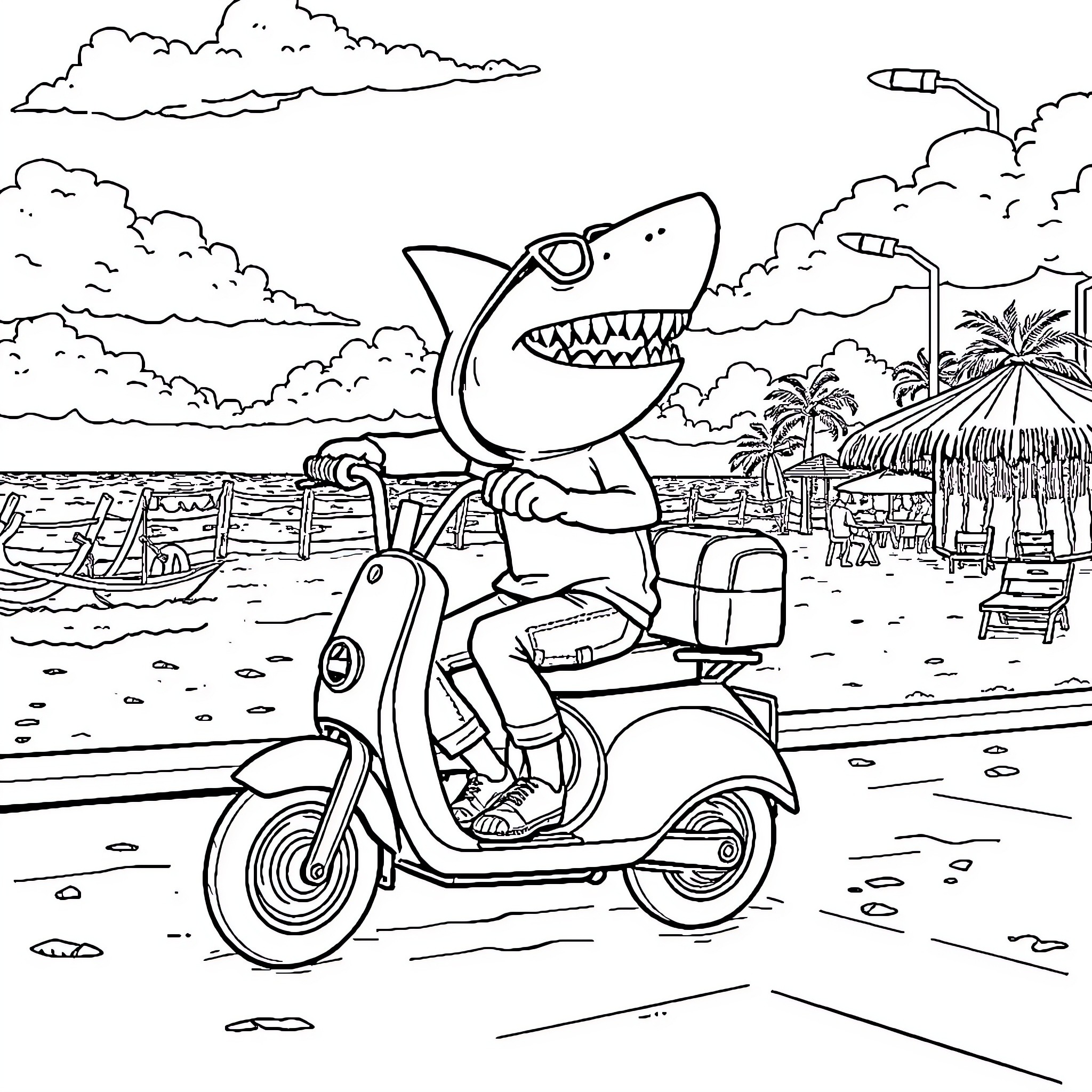 Shark riding scooter on tropical beach Coloring Page (free black-and-white line drawing printable PDF for all, from beginners to advanced learners, including children, teens, adults, and seniors)