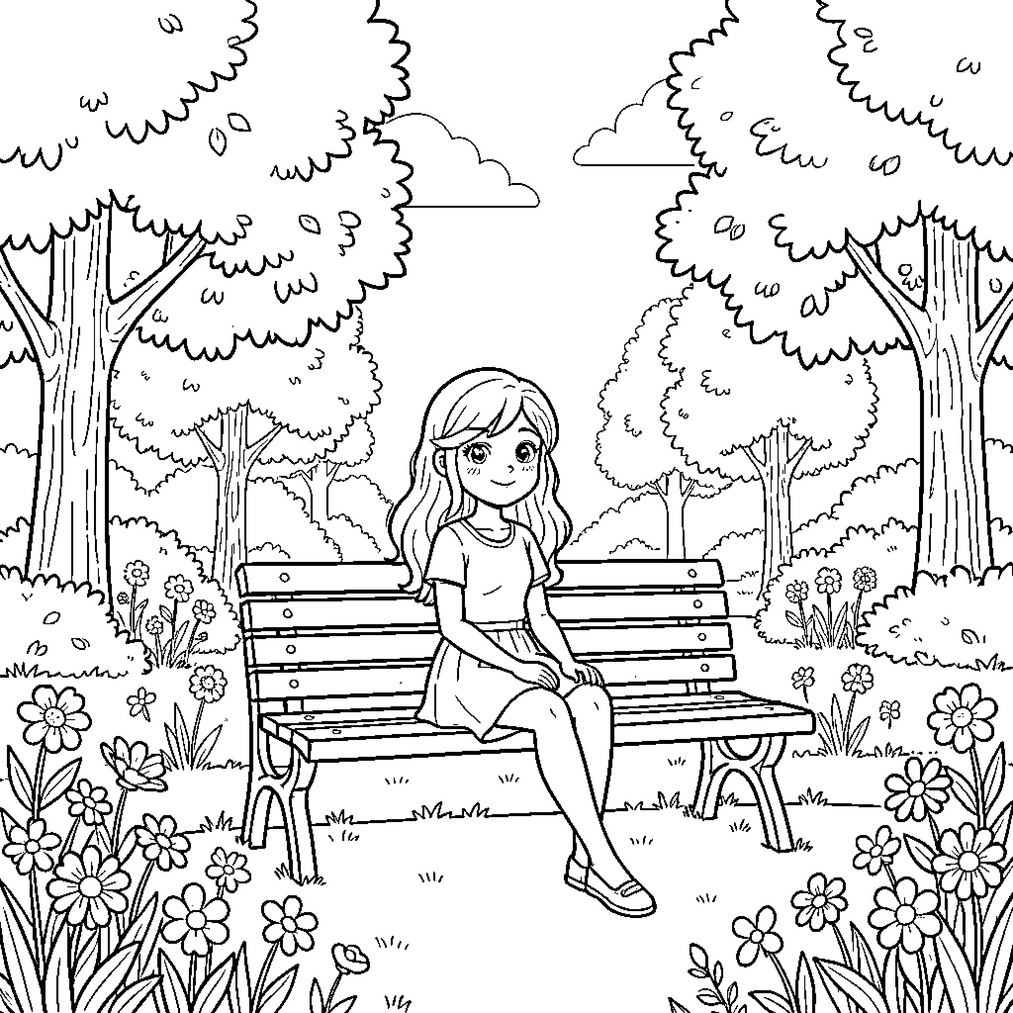 Girl sitting on bench in peaceful garden Coloring Page (free black-and-white line drawing printable PDF for all, from beginners to advanced learners, including children, teens, adults, and seniors)