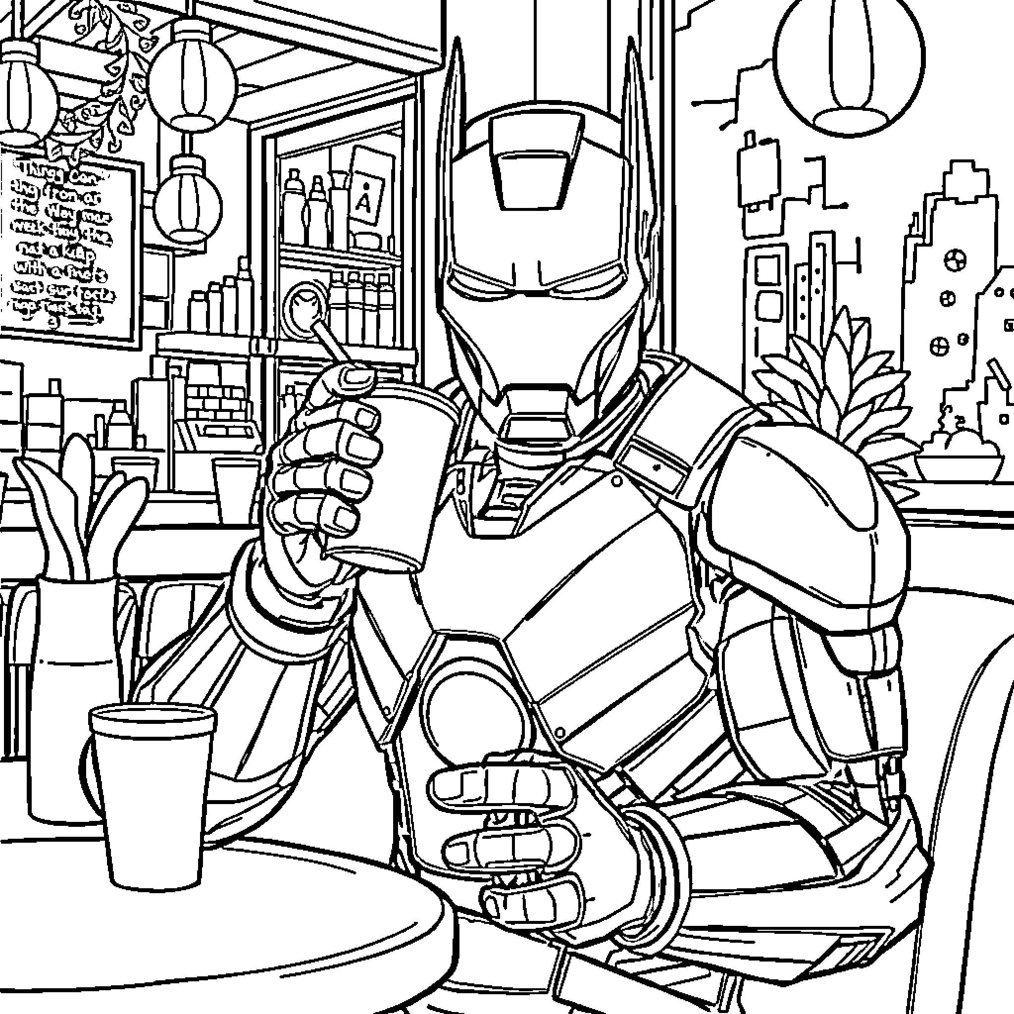 Iron Man Relaxing in a Coffee Shop Coloring Page (free black-and-white line drawing printable PDF for all, from beginners to advanced learners, including children, teens, adults, and seniors)