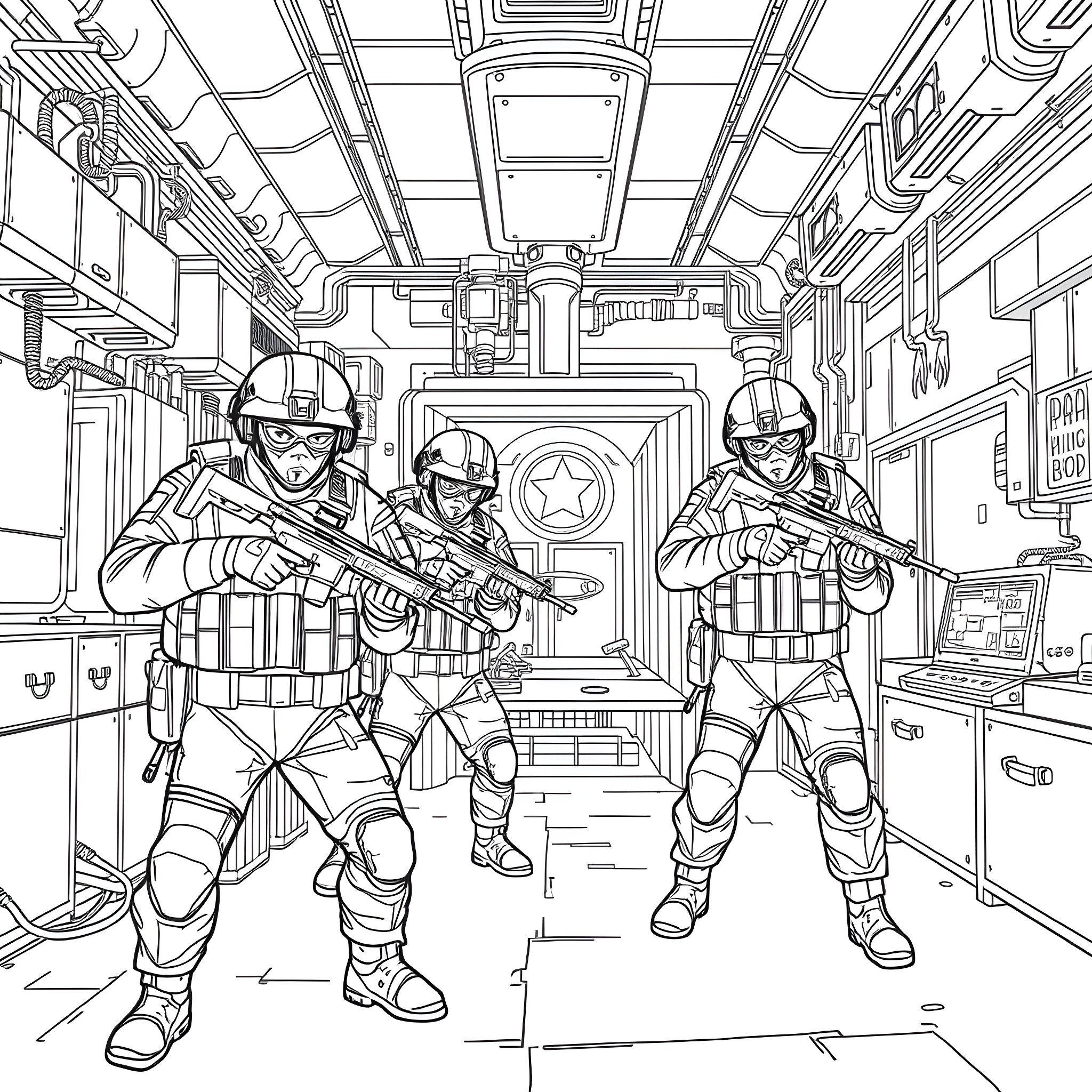 Soldier squad equipped for action in military vehicle Coloring Page (free black-and-white line drawing printable PDF for all, from beginners to advanced learners, including children, teens, adults, and seniors)
