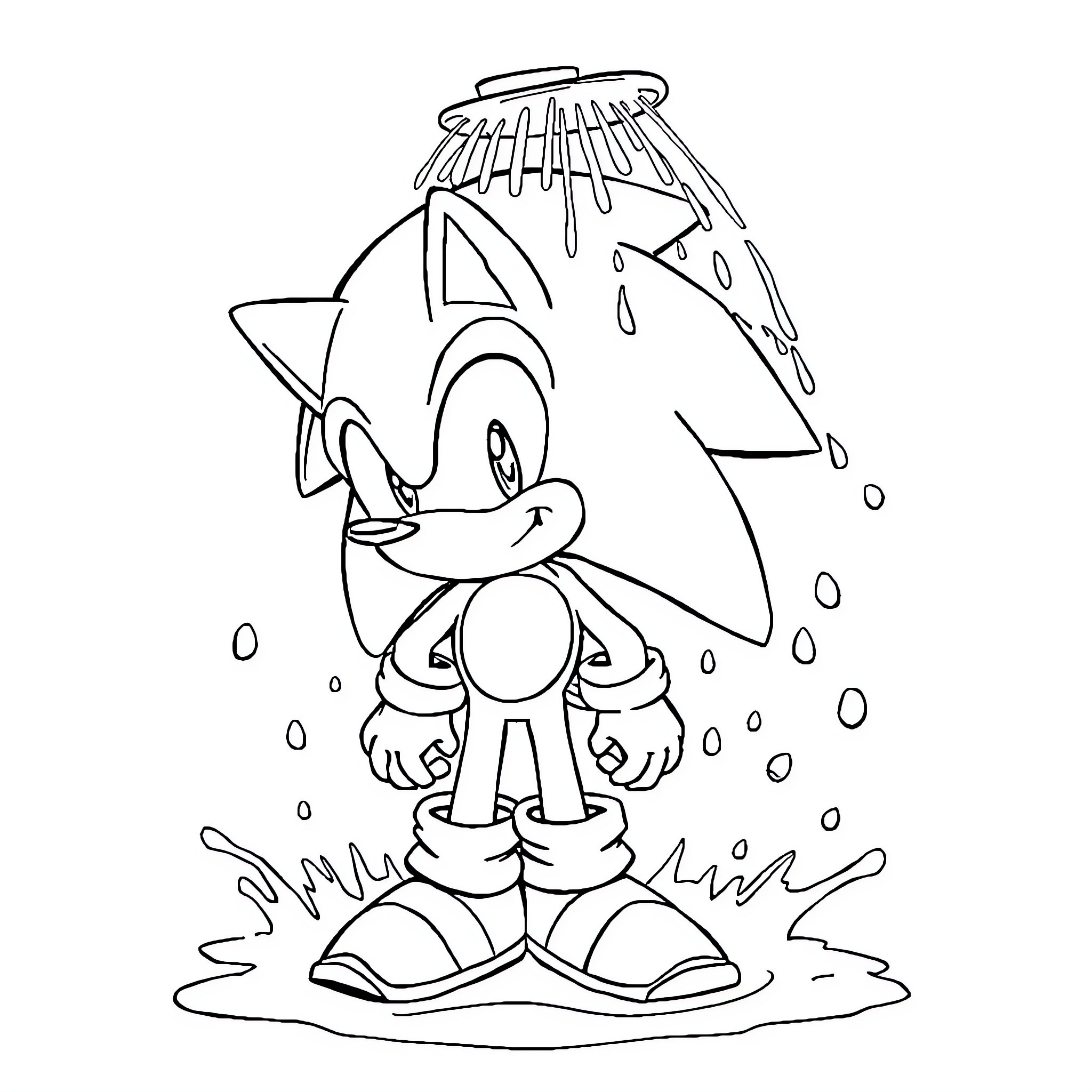 Sonic Enjoying a Refreshing Shower Outdoors Coloring Page (free black-and-white line drawing printable PDF for all, from beginners to advanced learners, including children, teens, adults, and seniors)