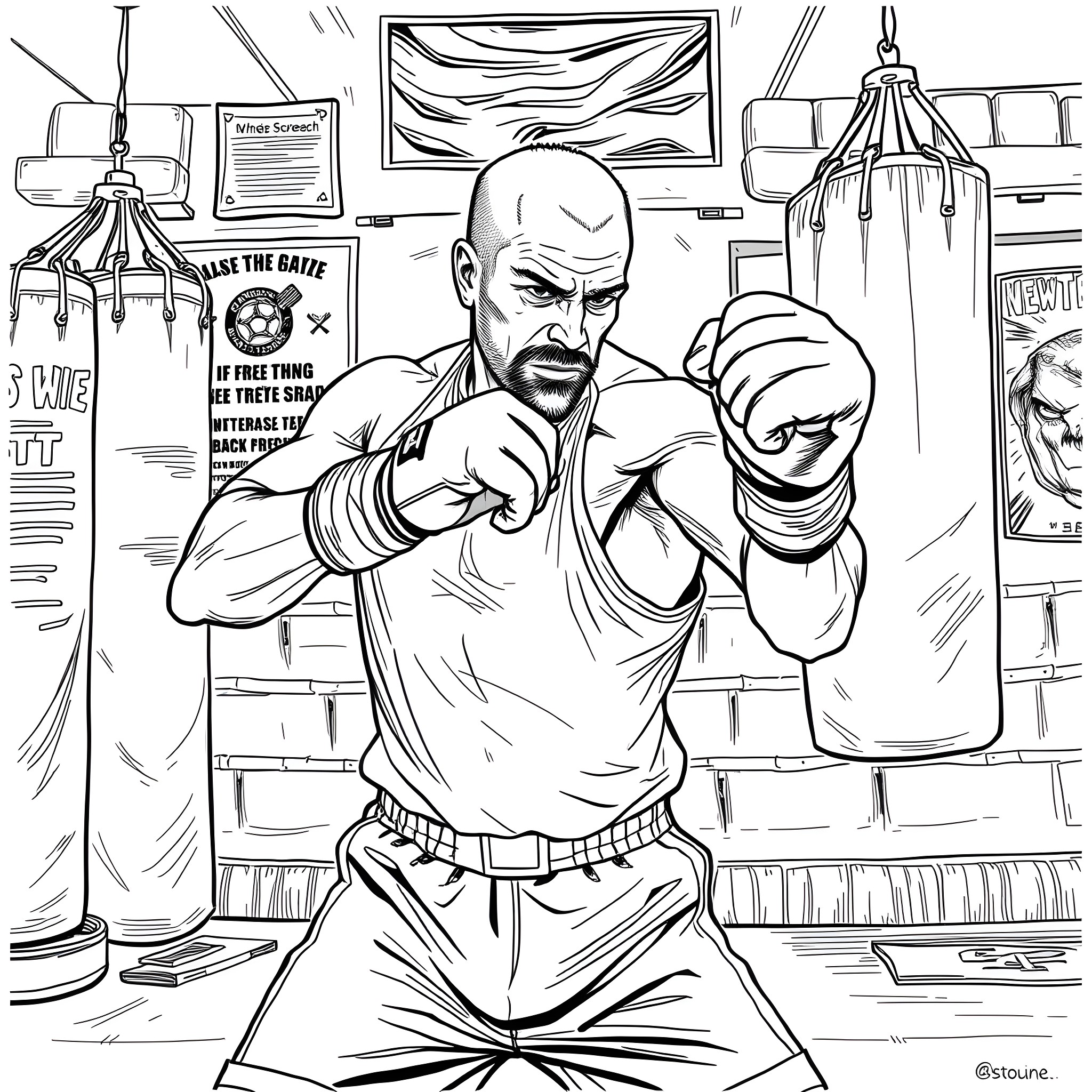 Walter White engaged in intense martial arts training Coloring Page (free black-and-white line drawing printable PDF for all, from beginners to advanced learners, including children, teens, adults, and seniors)
