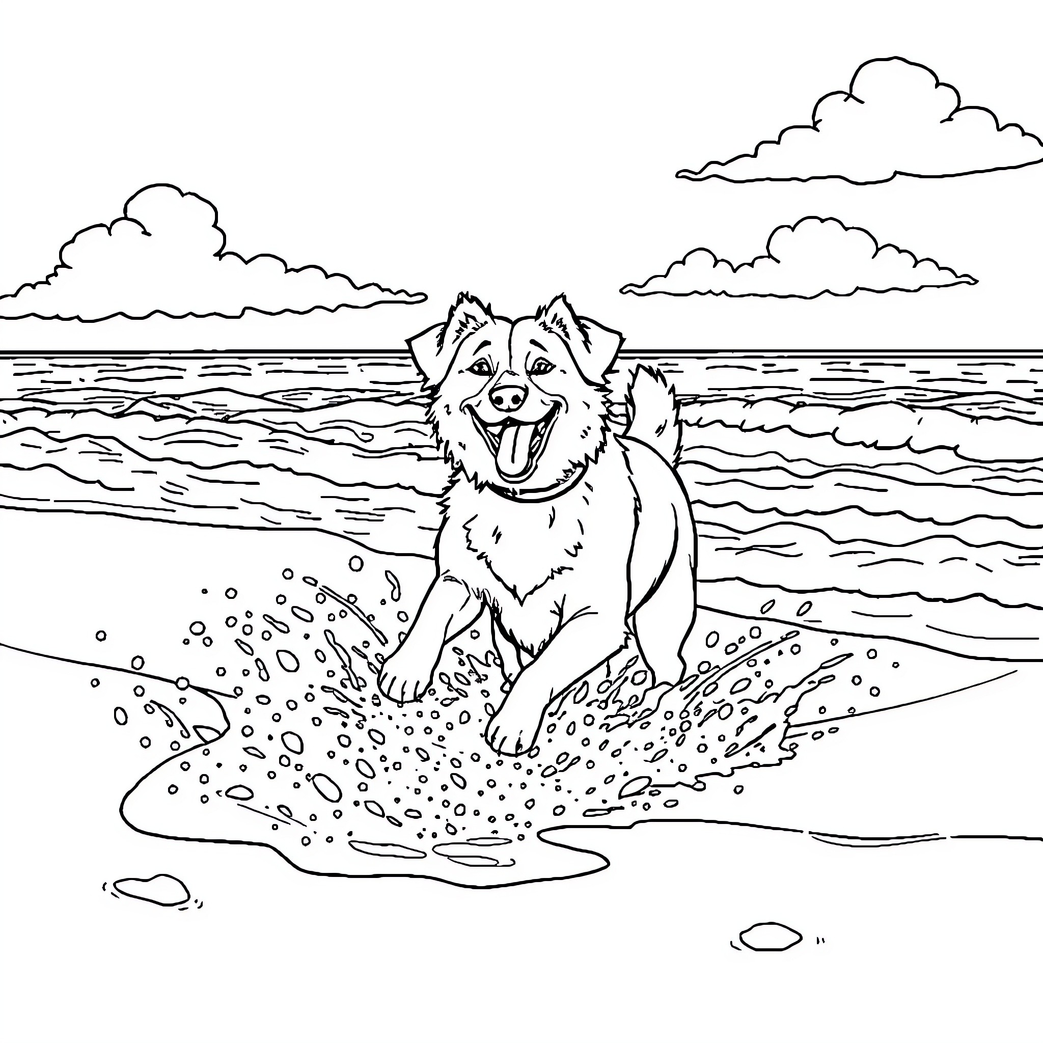 Dog playing joyfully in the waves Coloring Page (free black-and-white line drawing printable PDF for all, from beginners to advanced learners, including children, teens, adults, and seniors)