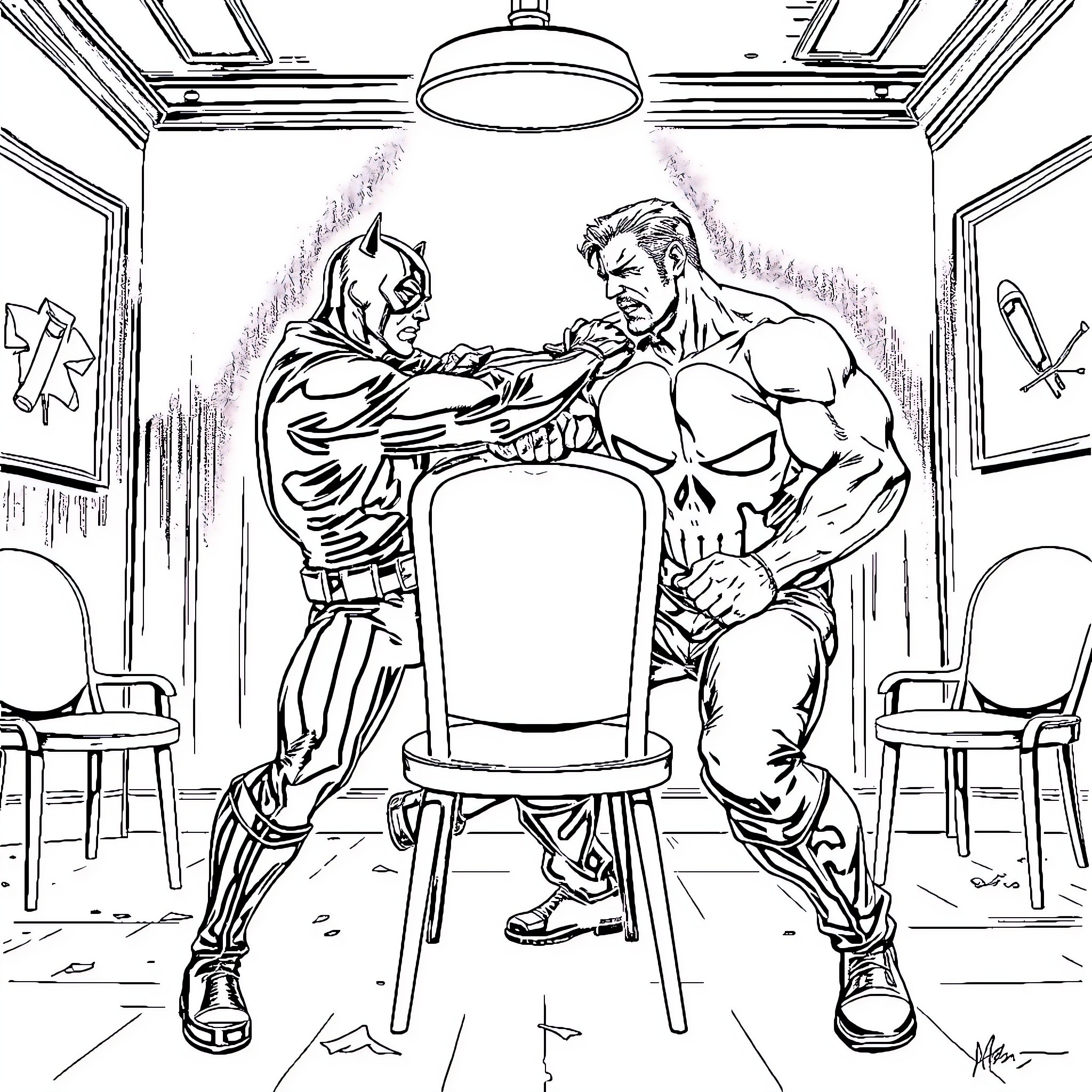 Daredevil and Muscular Superhero in Intense Confrontation Coloring Page (free black-and-white line drawing printable PDF for all, from beginners to advanced learners, including children, teens, adults, and seniors)
