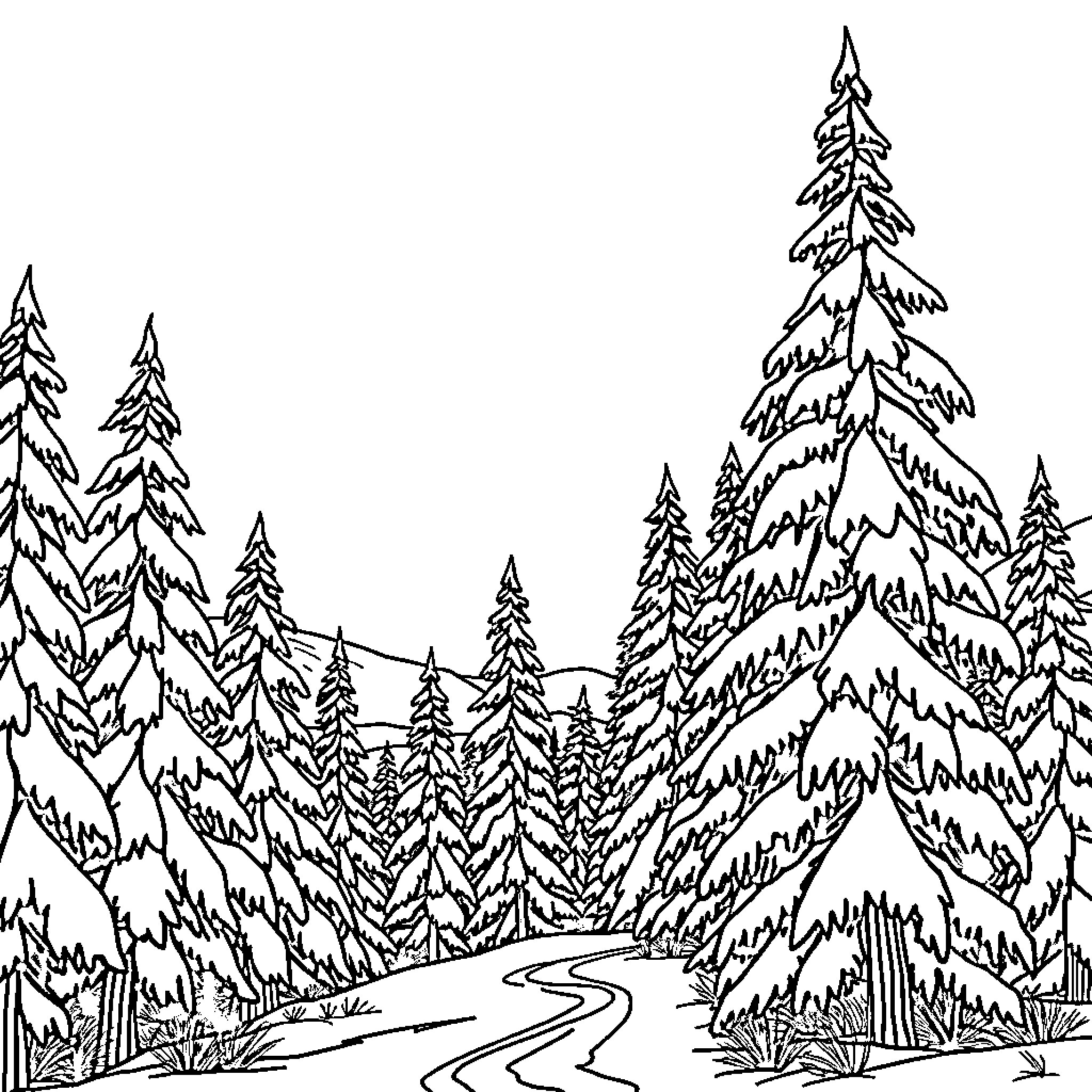 Landscape of snowy forest with winding path Coloring Page (free black-and-white line drawing printable PDF for all, from beginners to advanced learners, including children, teens, adults, and seniors)