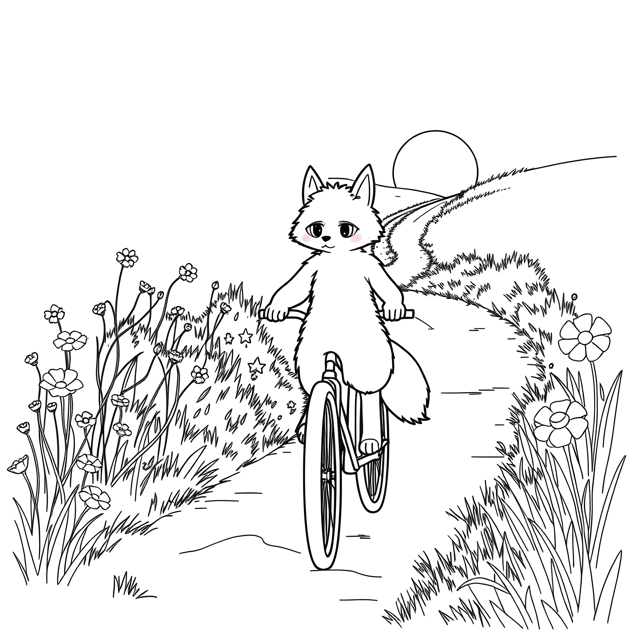 Bluey riding a bicycle in a floral meadow Coloring Page (free black-and-white line drawing printable PDF for all, from beginners to advanced learners, including children, teens, adults, and seniors)