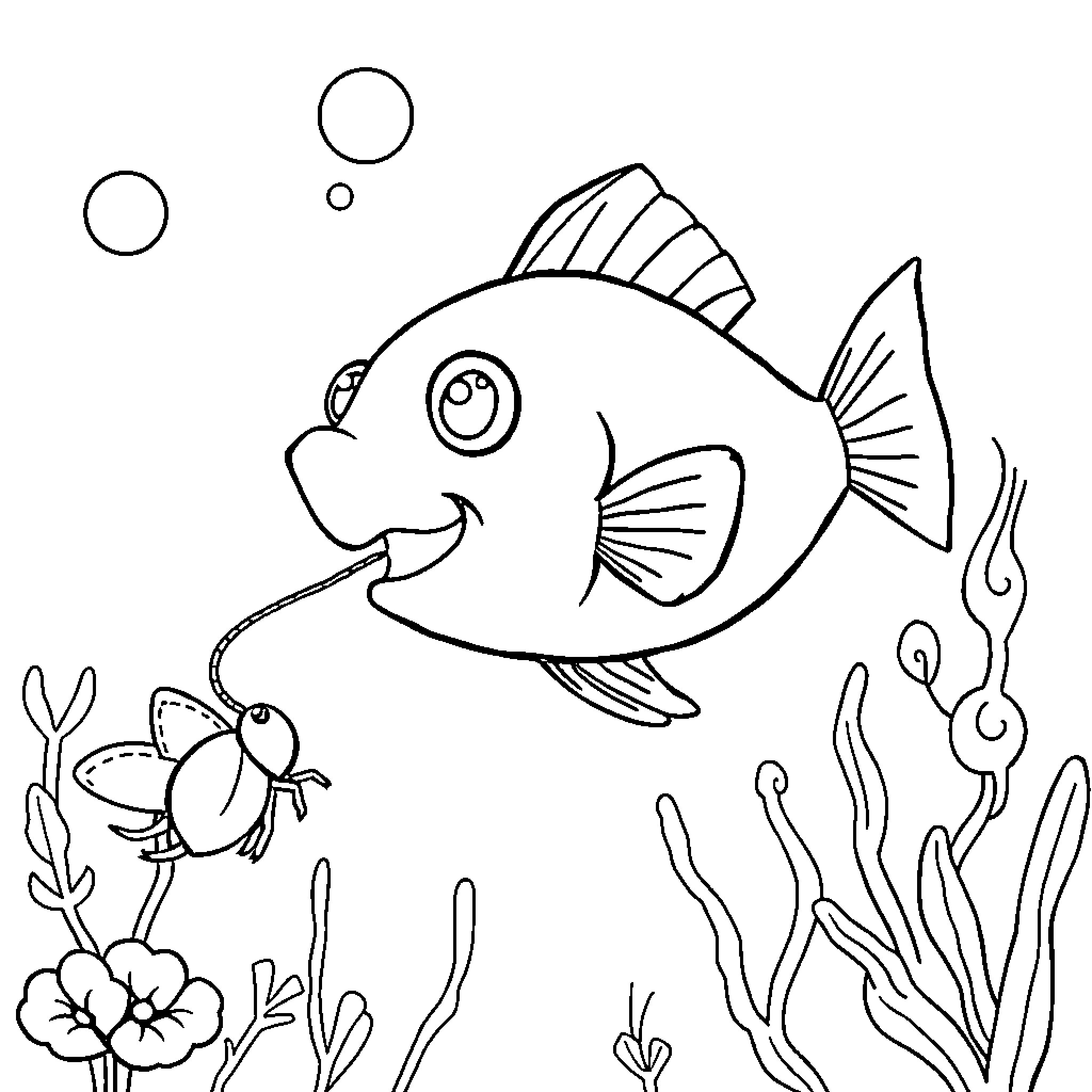 Fish swimming amidst underwater plants and creatures Coloring Page (free black-and-white line drawing printable PDF for all, from beginners to advanced learners, including children, teens, adults, and seniors)