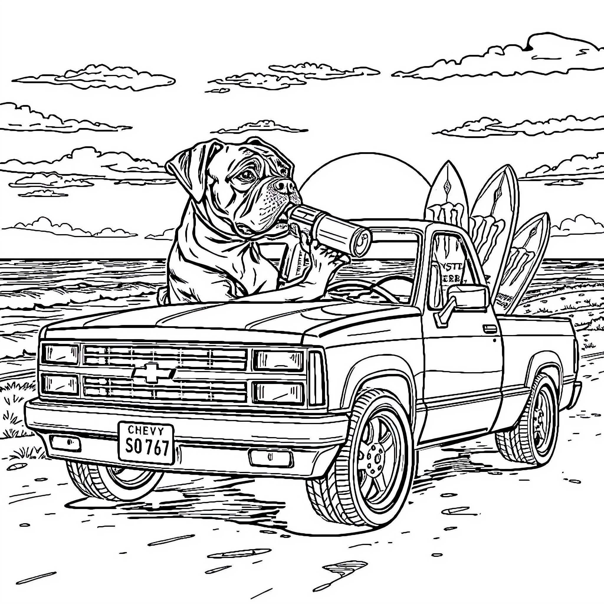 Boxer dog driving pickup truck on the beach Coloring Page (free black-and-white line drawing printable PDF for all, from beginners to advanced learners, including children, teens, adults, and seniors)