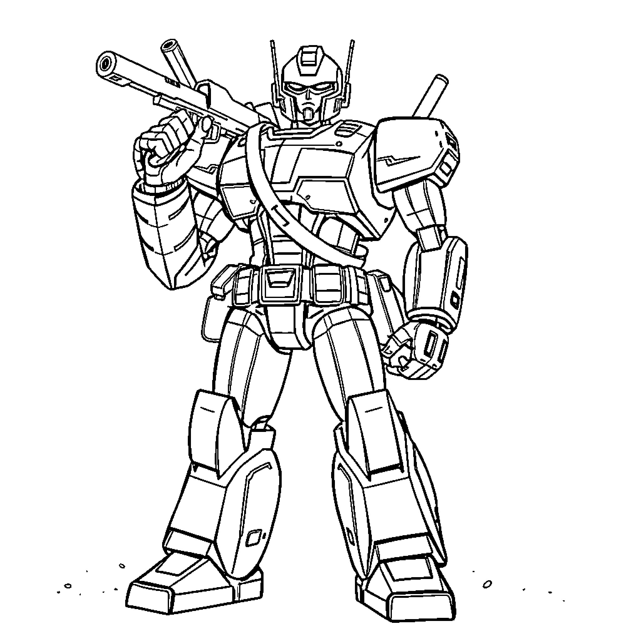 Robot warrior in combat stance Coloring Page (free black-and-white line drawing printable PDF for all, from beginners to advanced learners, including children, teens, adults, and seniors)