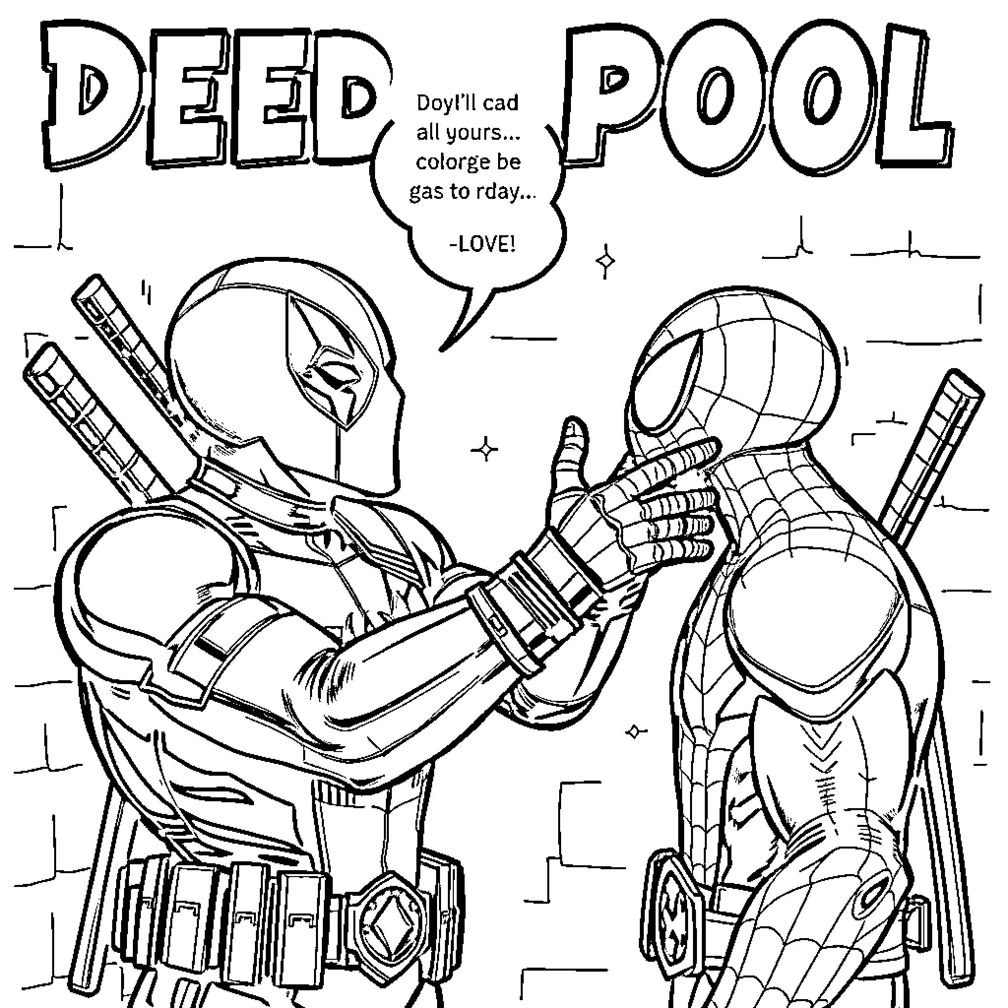 Deadpool interacts with Spider-Man in playful exchange Coloring Page (free black-and-white line drawing printable PDF for all, from beginners to advanced learners, including children, teens, adults, and seniors)