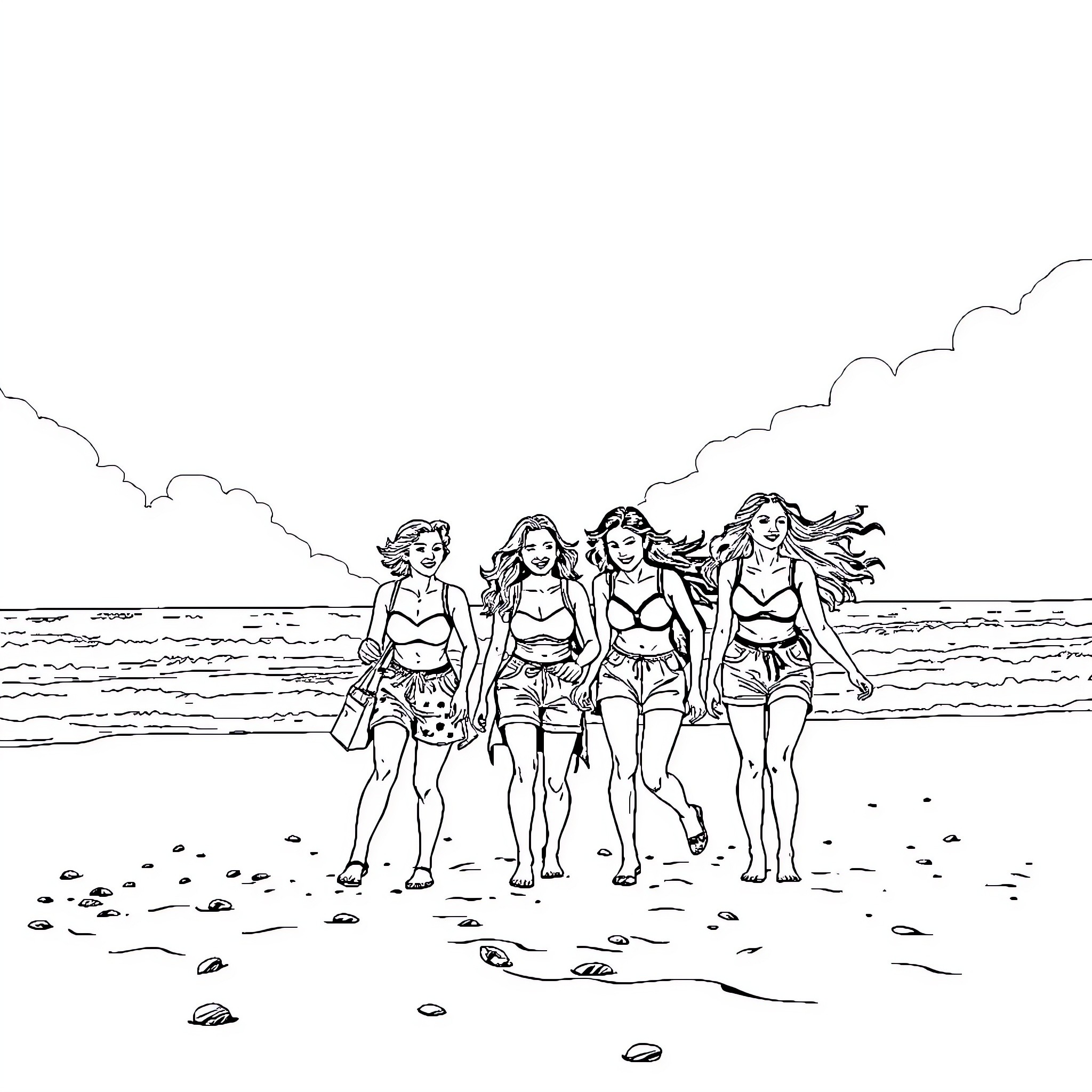 Girls enjoying a day at the beach Coloring Page (free black-and-white line drawing printable PDF for all, from beginners to advanced learners, including children, teens, adults, and seniors)
