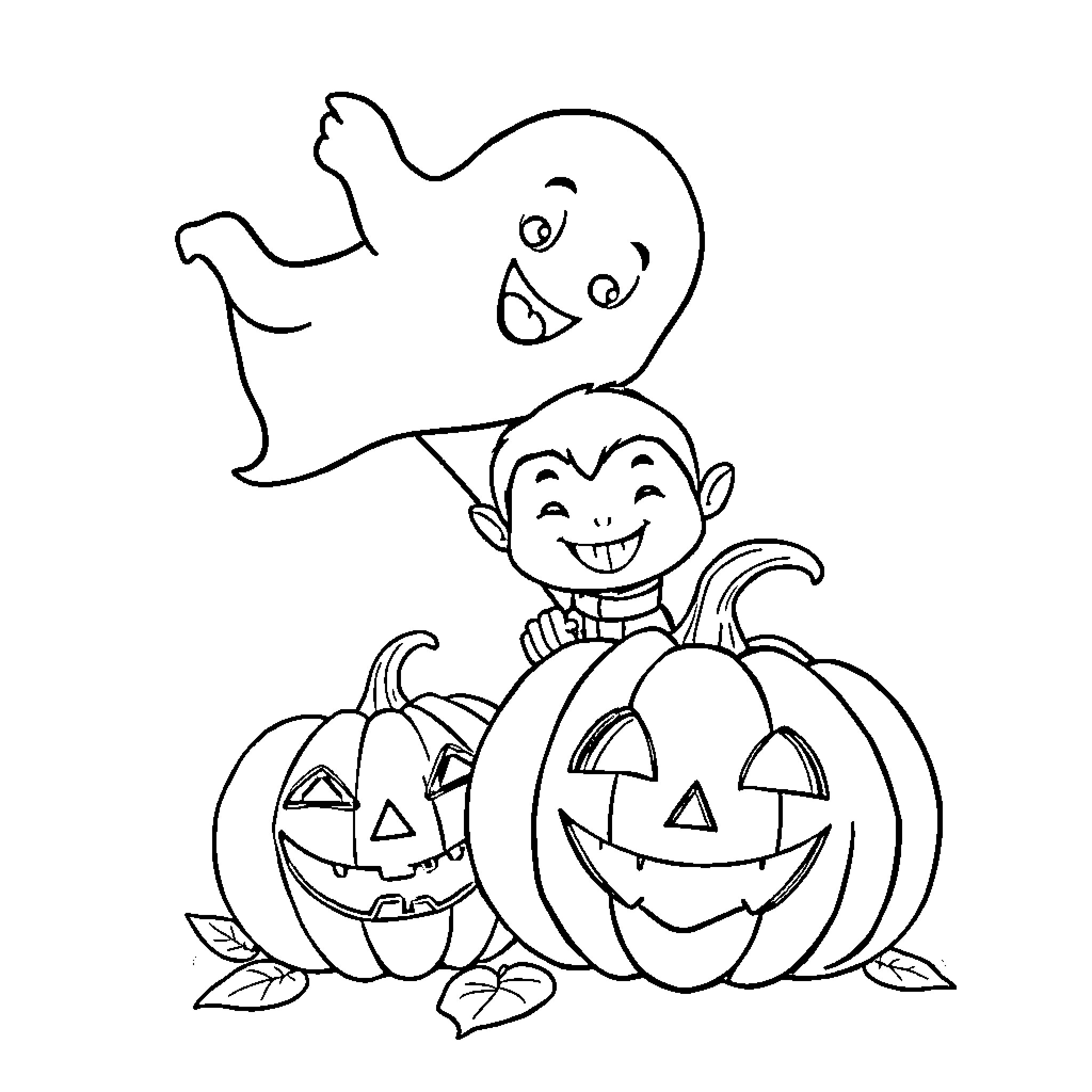 Ghost Pumpkins and Smiling Child in Halloween Scene Coloring Page (free black-and-white line drawing printable PDF for all, from beginners to advanced learners, including children, teens, adults, and seniors)