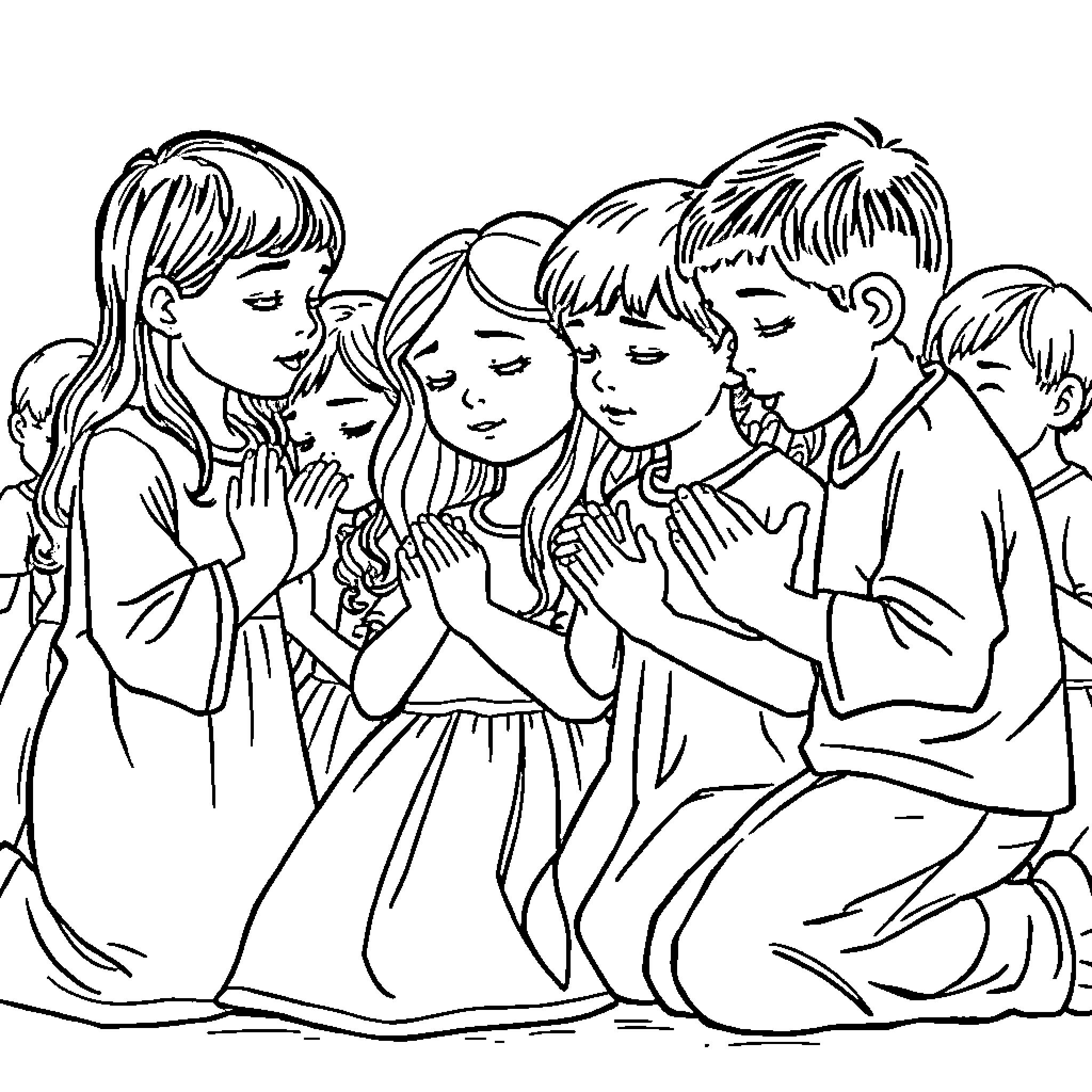 Children gathered in prayer circle Coloring Page (free black-and-white line drawing printable PDF for all, from beginners to advanced learners, including children, teens, adults, and seniors)