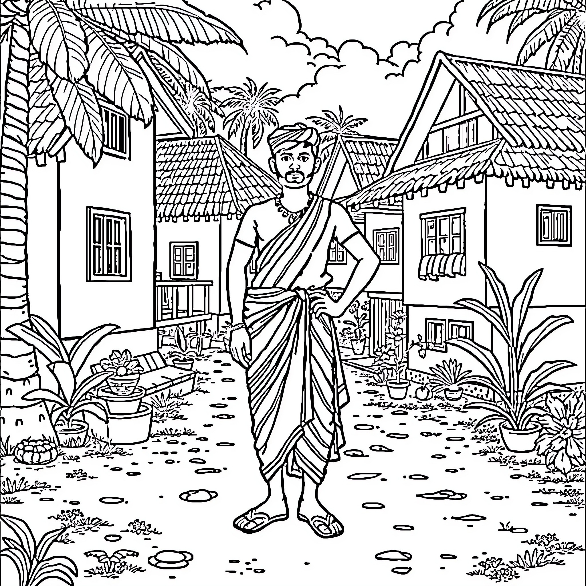 Binoy exploring a vibrant tropical village Coloring Page (free black-and-white line drawing printable PDF for all, from beginners to advanced learners, including children, teens, adults, and seniors)