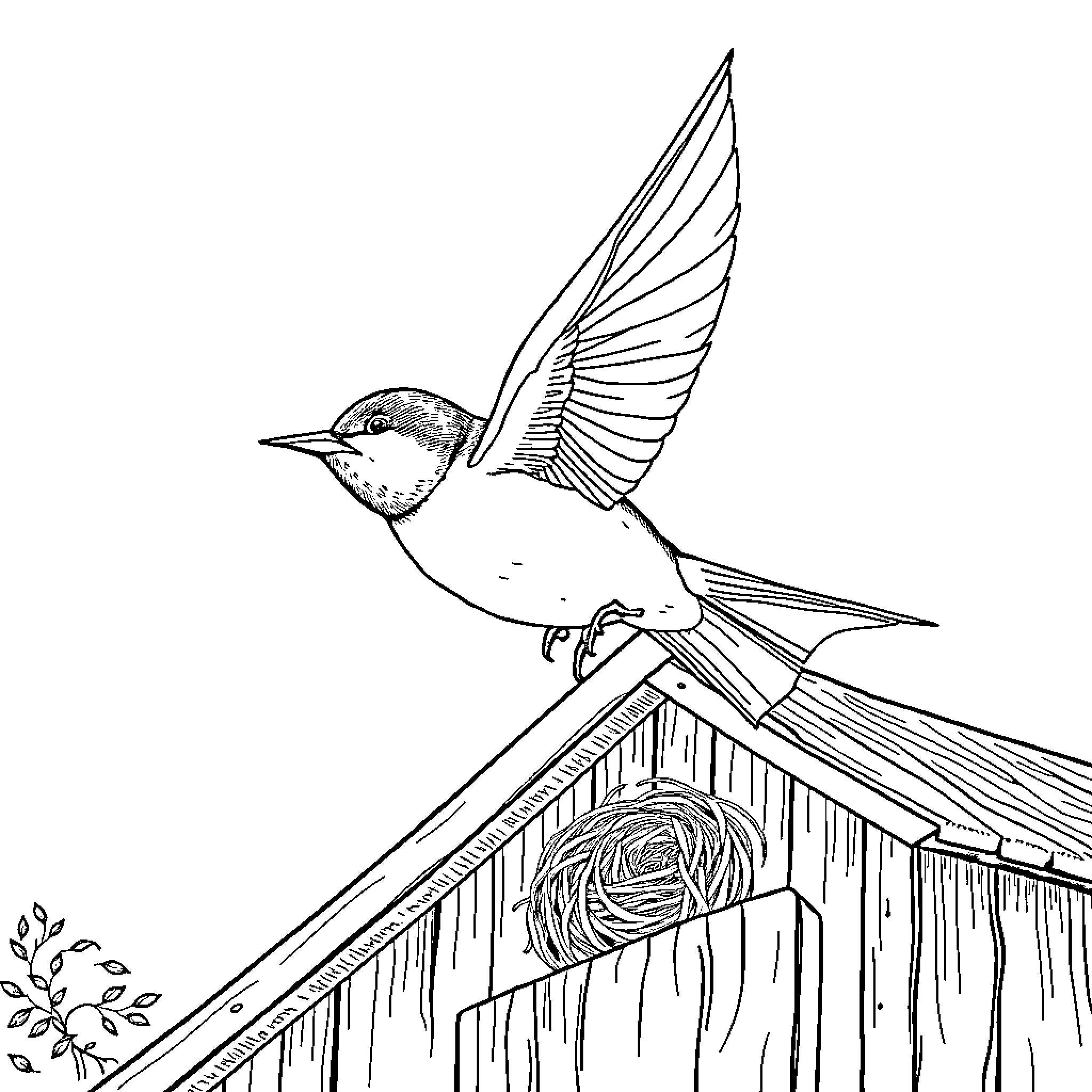 Swallow in Flight on Nest Coloring Page (free black-and-white line drawing printable PDF for all, from beginners to advanced learners, including children, teens, adults, and seniors)