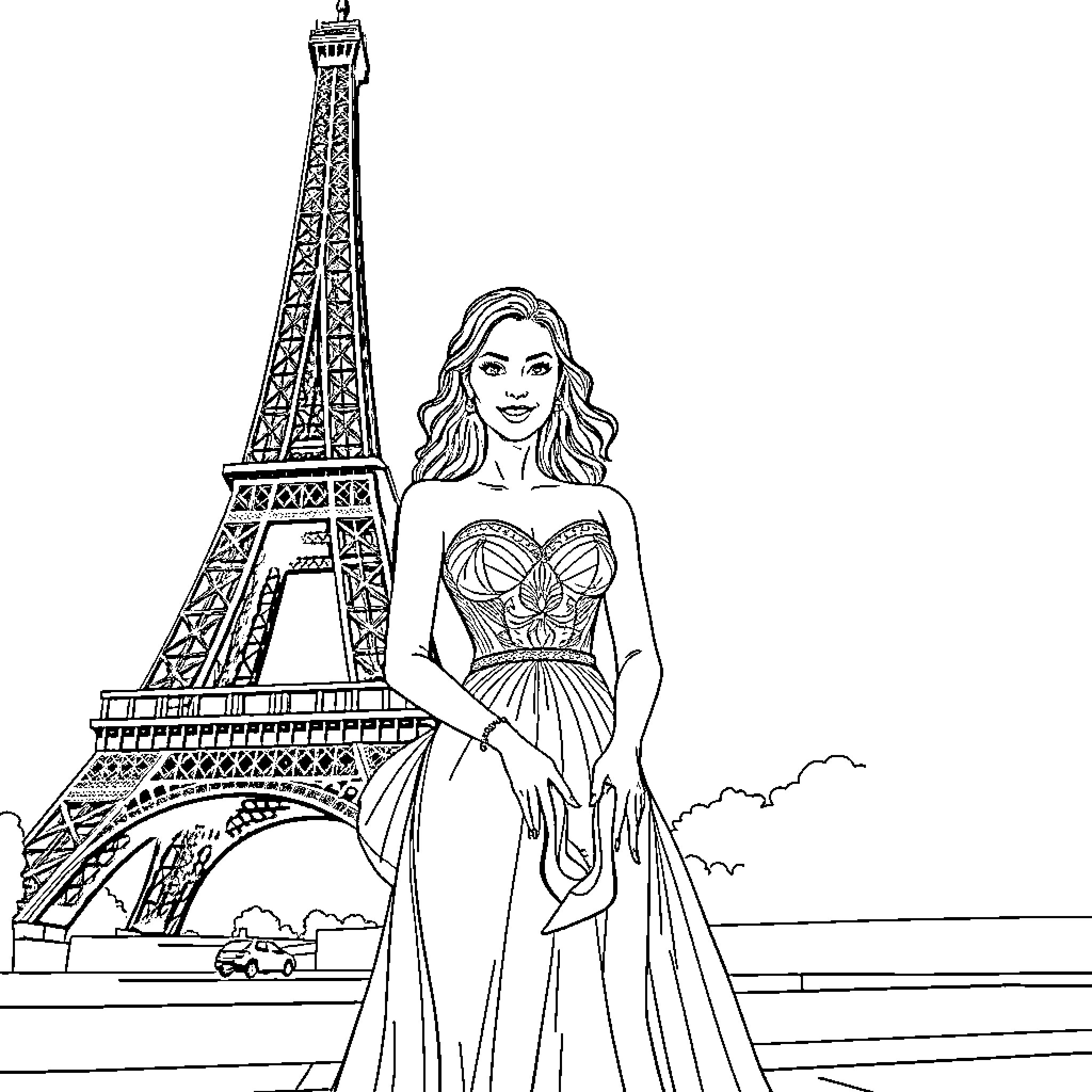 Woman in elegant dress posing near Eiffel Tower Coloring Page (free black-and-white line drawing printable PDF for all, from beginners to advanced learners, including children, teens, adults, and seniors)