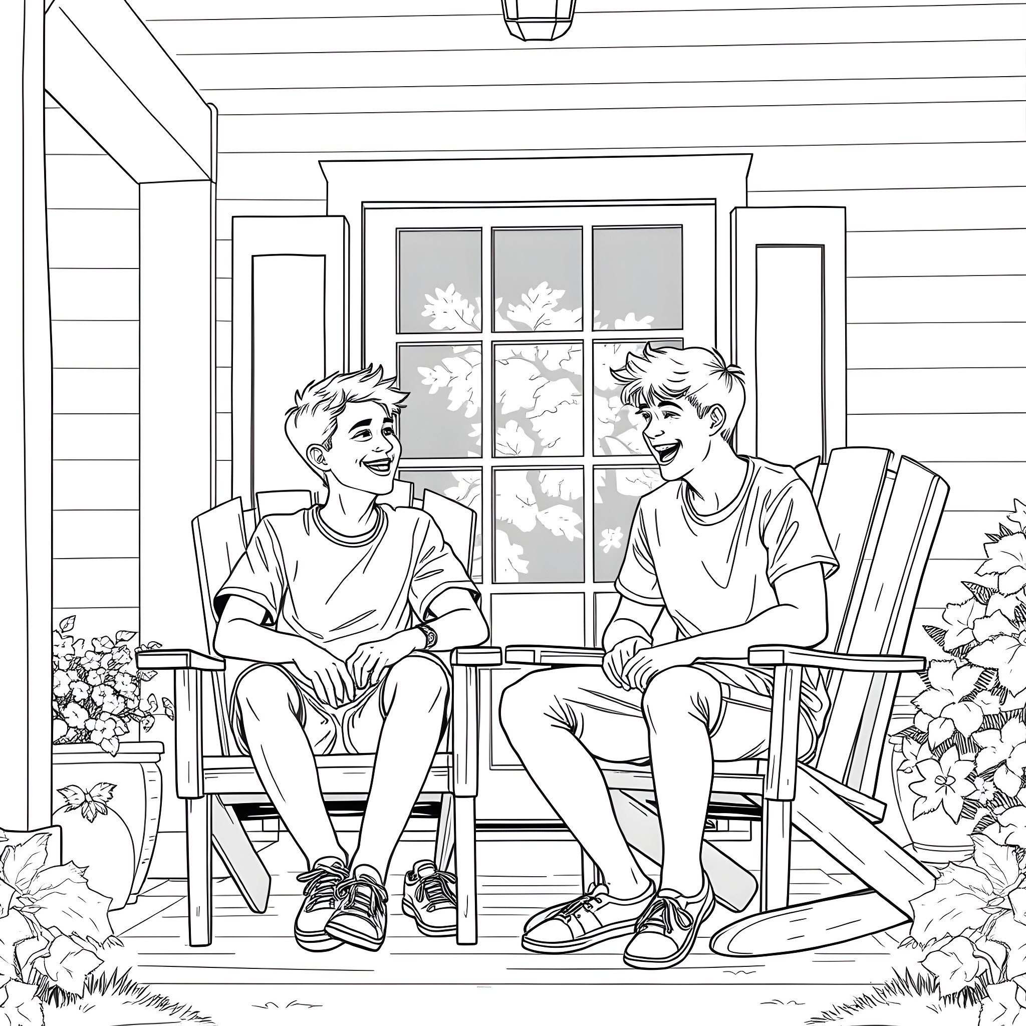 Teen Guys Relaxing on Porch Coloring Page (free black-and-white line drawing printable PDF for all, from beginners to advanced learners, including children, teens, adults, and seniors)