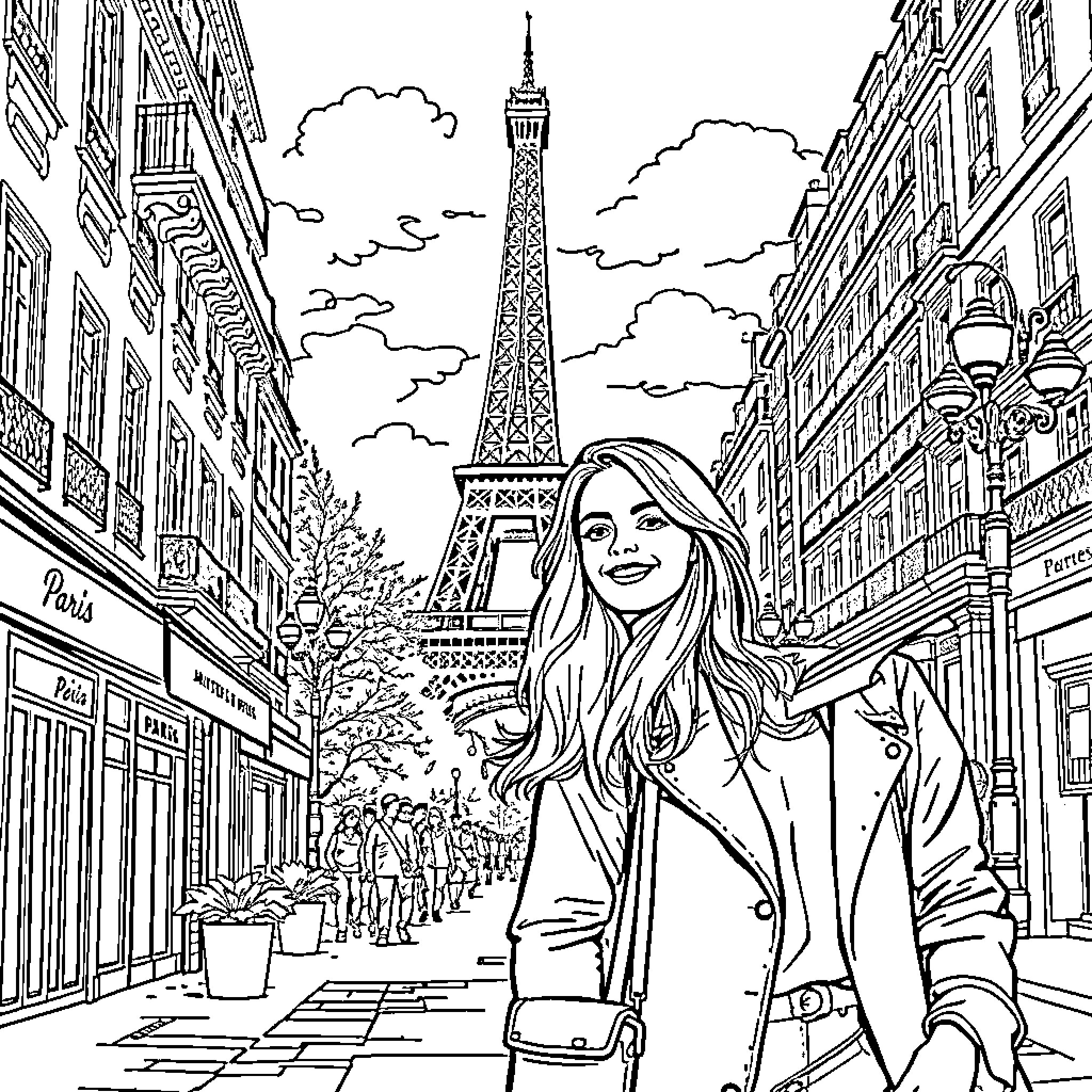 Girlfriend Enjoys Scenic View of Eiffel Tower in Paris Coloring Page (free black-and-white line drawing printable PDF for all, from beginners to advanced learners, including children, teens, adults, and seniors)
