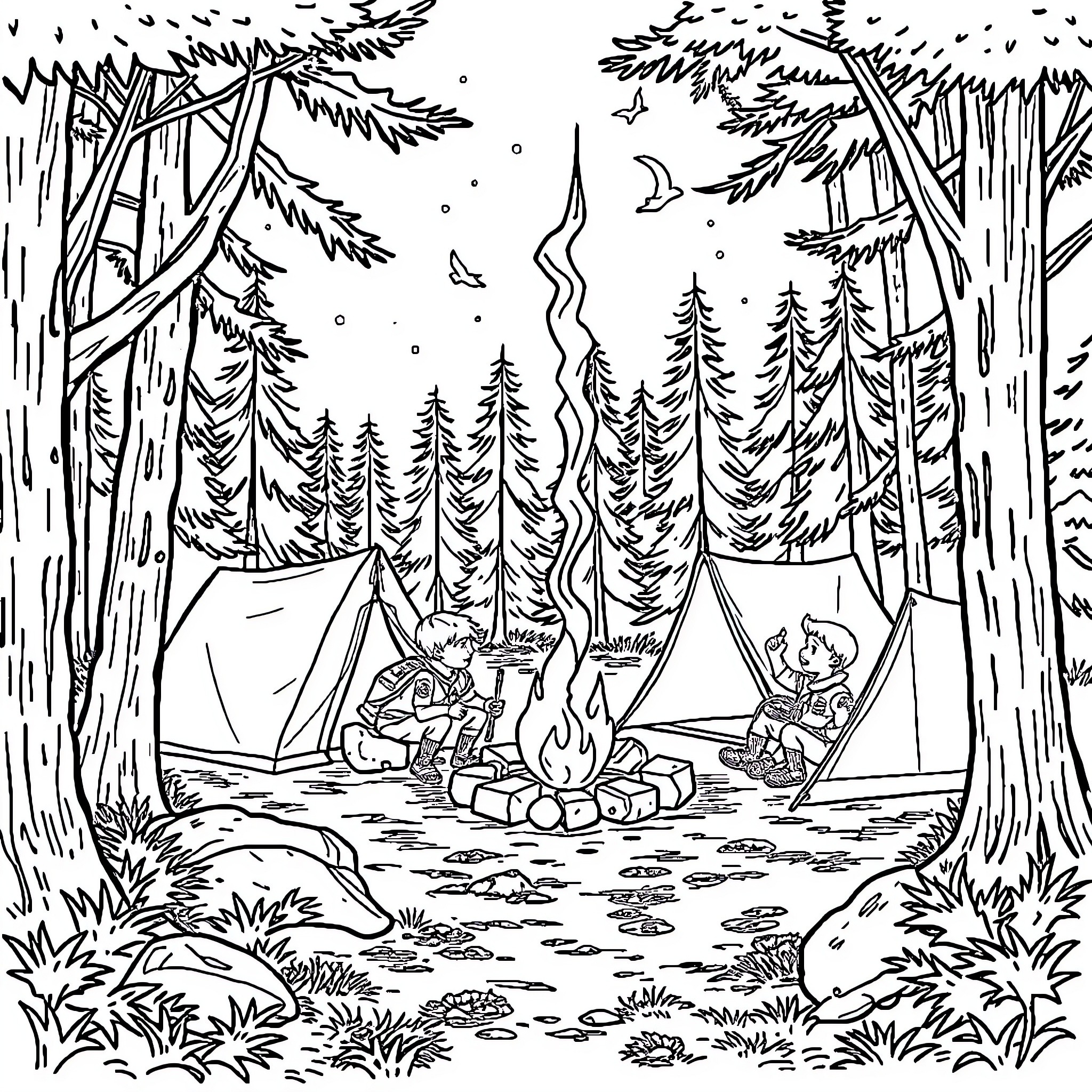 Scout camping in the serene forest Coloring Page (free black-and-white line drawing printable PDF for all, from beginners to advanced learners, including children, teens, adults, and seniors)